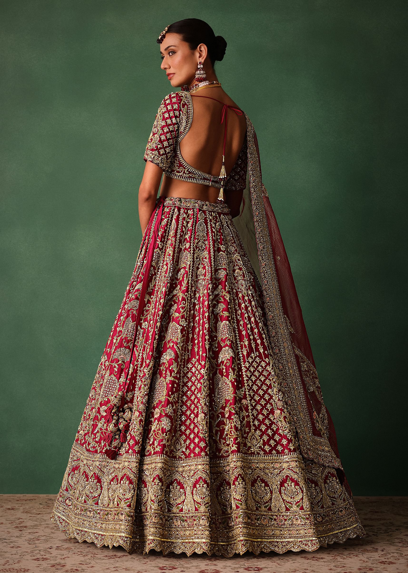 Maroon Raw Silk Hand Embroidered Lehenga Set With Tissue Dupatta - Image 5
