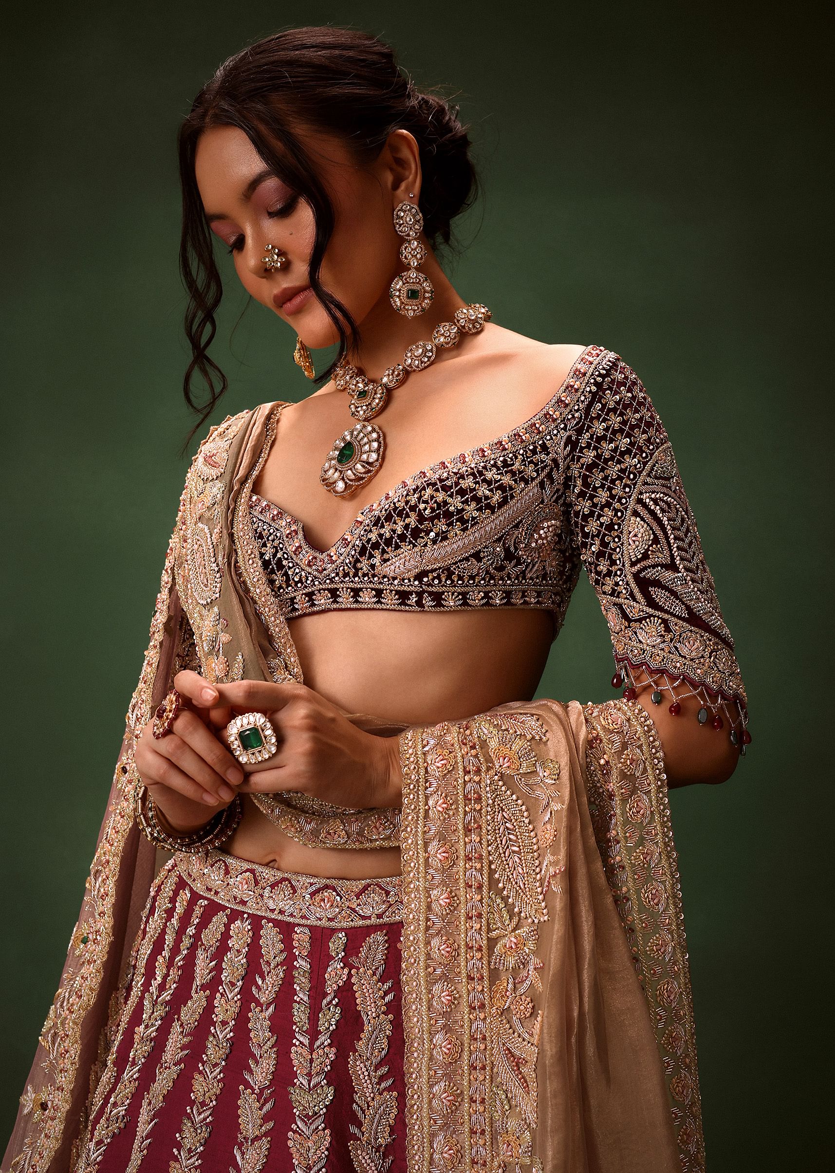 Maroon Raw Silk Lotus Embroidered Kali Lehenga Dupatta Set - Image 2