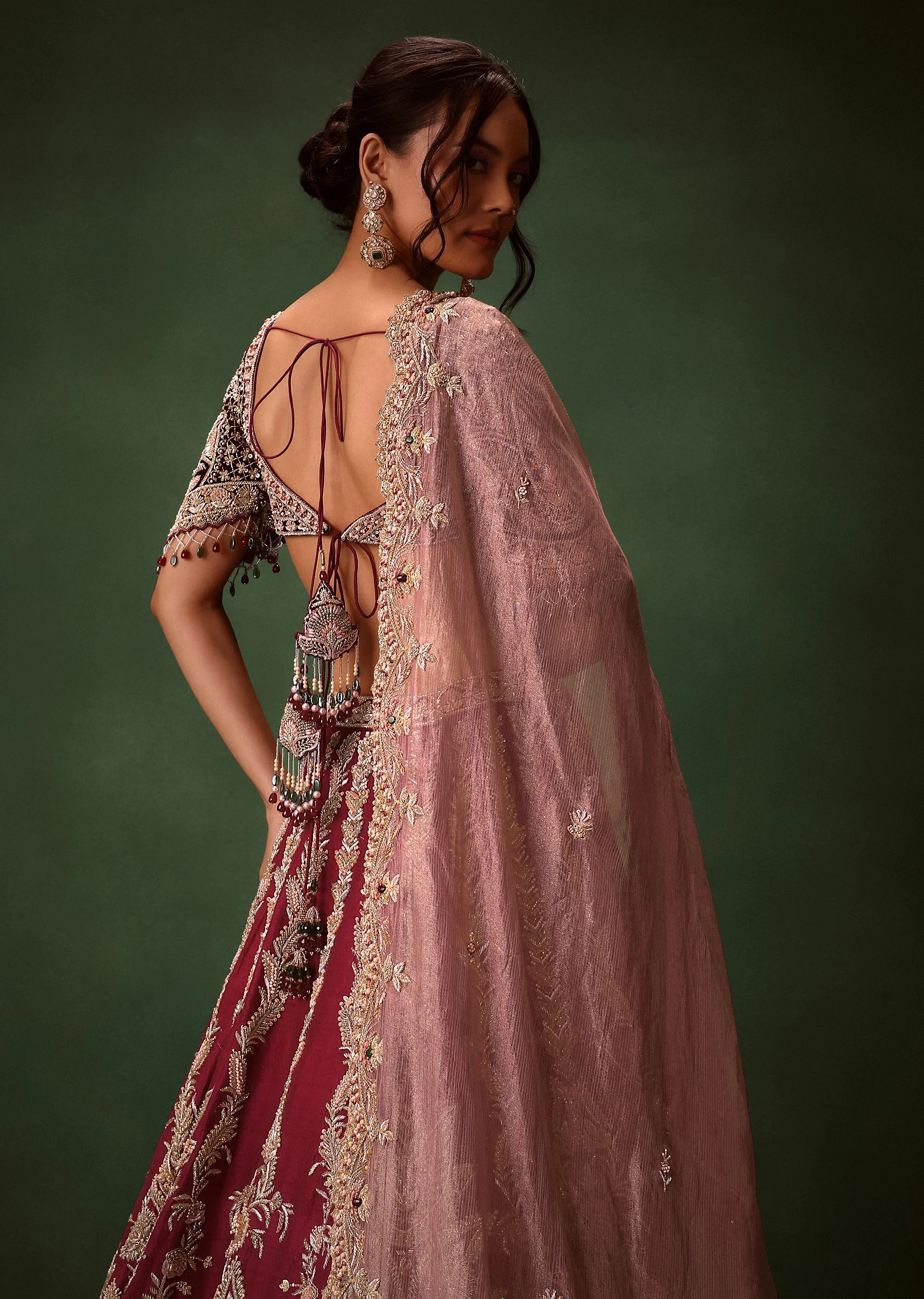 Maroon Raw Silk Lotus Embroidered Kali Lehenga Dupatta Set - Image 4