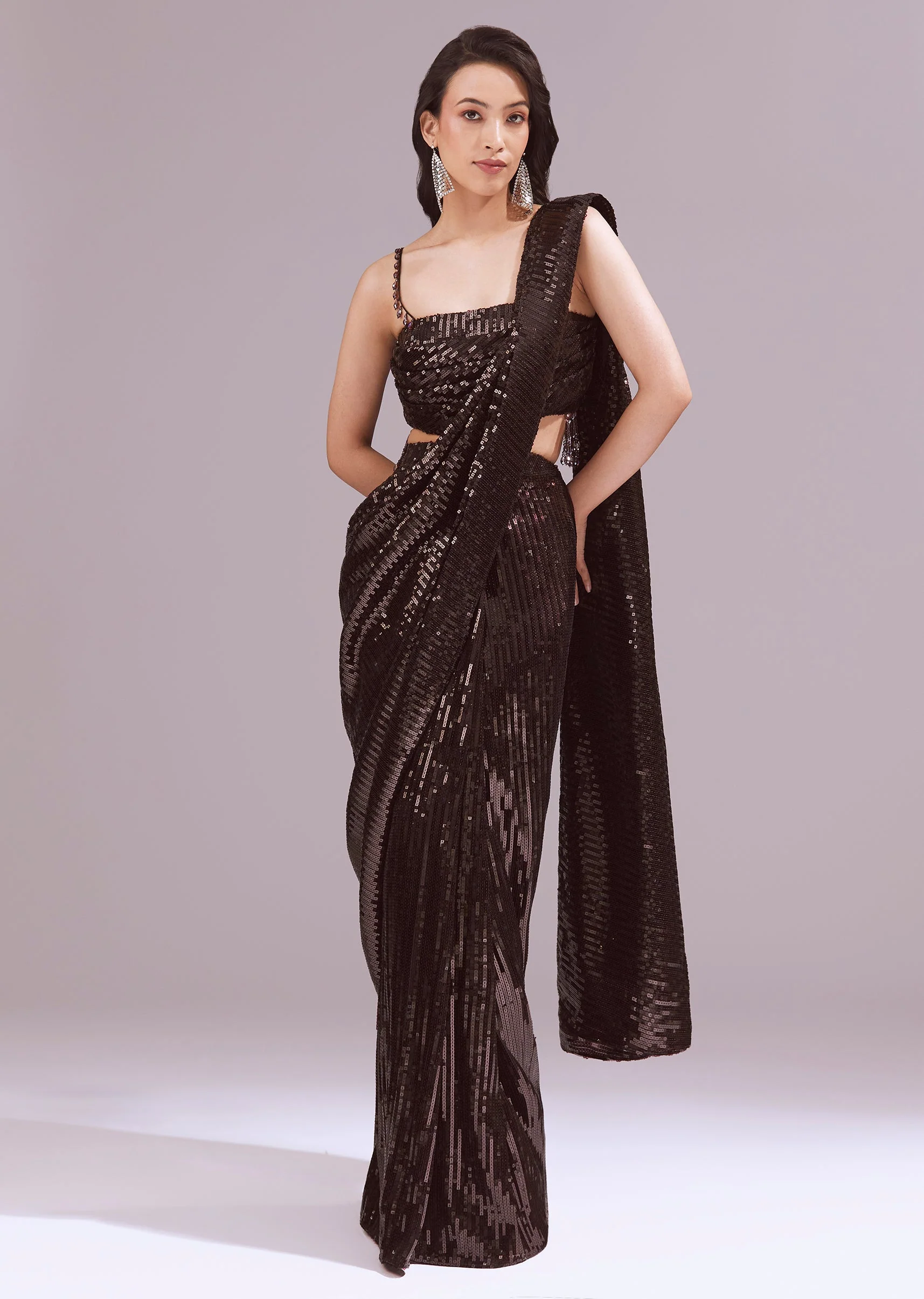 Maroon Ready Pleated Sequin Saree Set