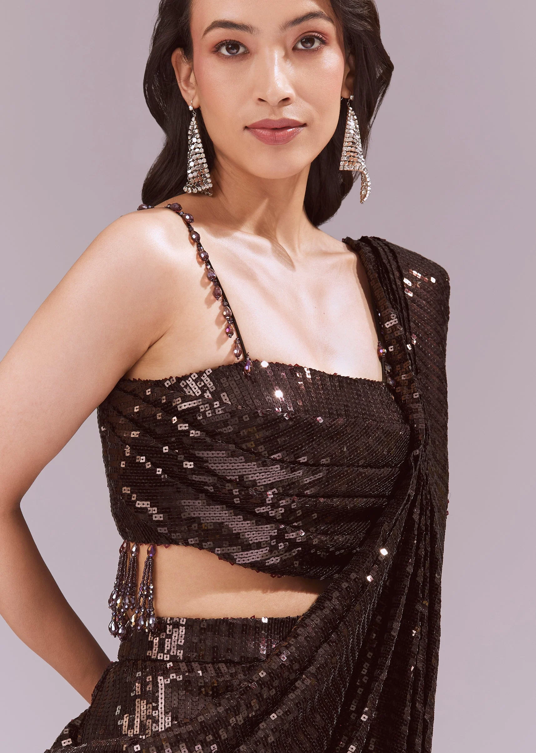 Maroon Ready Pleated Sequin Saree Set - Image 3