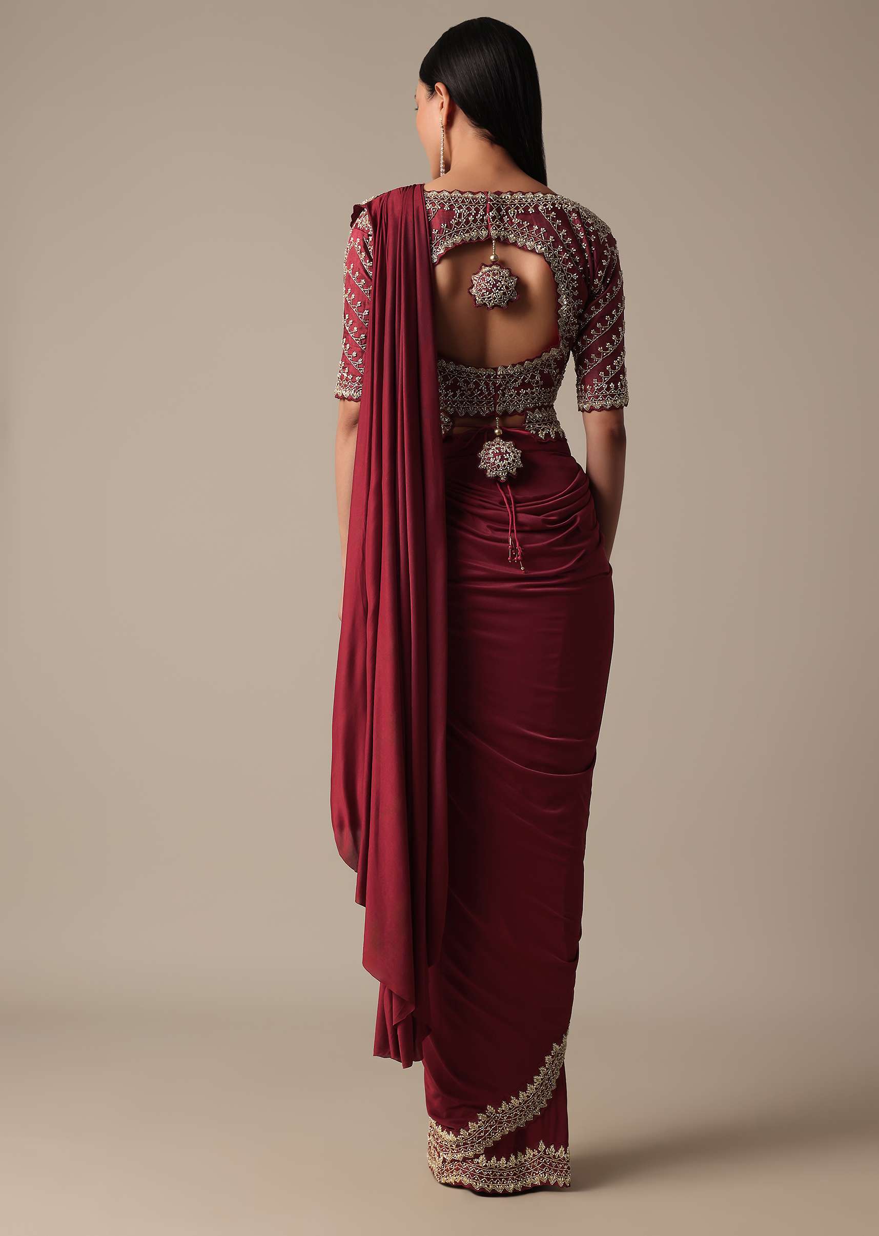 Maroon Readymade Saree With Embellished Blouse - Image 7