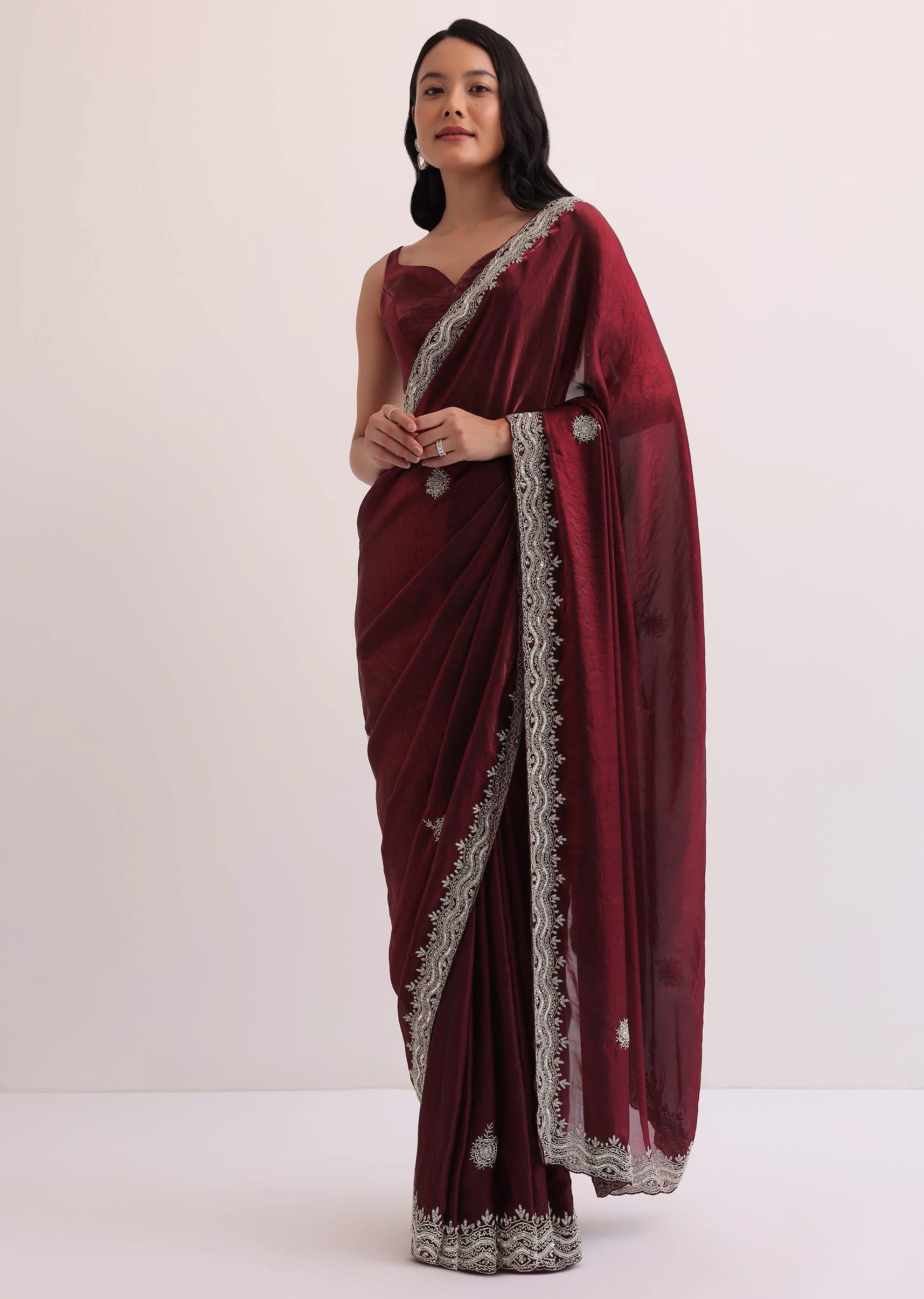 Maroon Red Organza Saree With Scalloped Border - Image 3