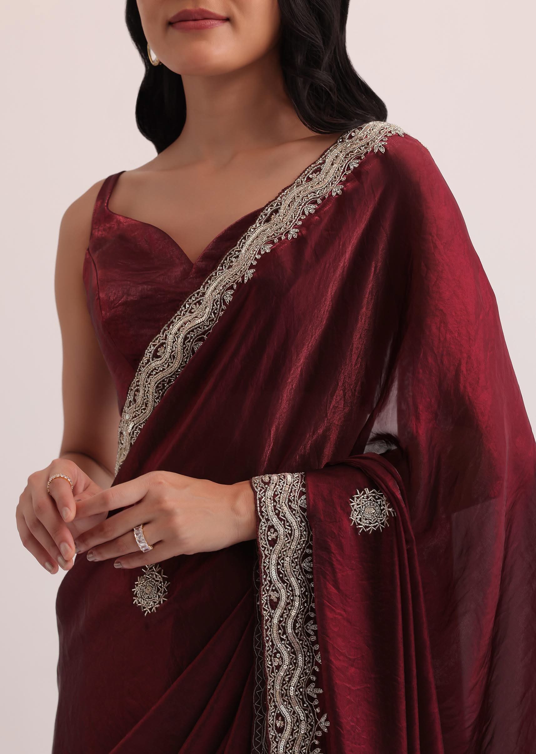 Maroon Red Organza Saree With Scalloped Border - Image 5