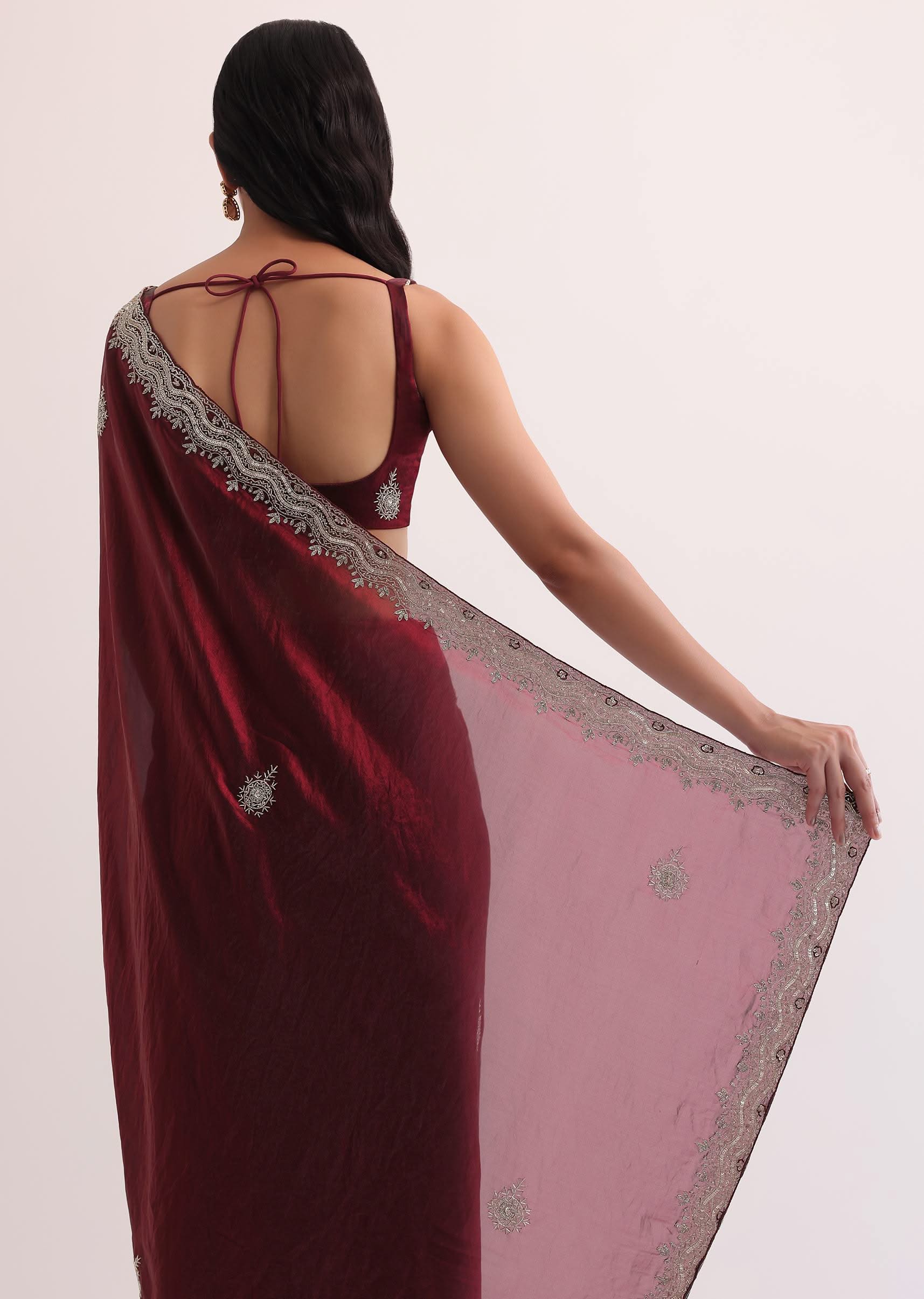 Maroon Red Organza Saree With Scalloped Border - Image 6