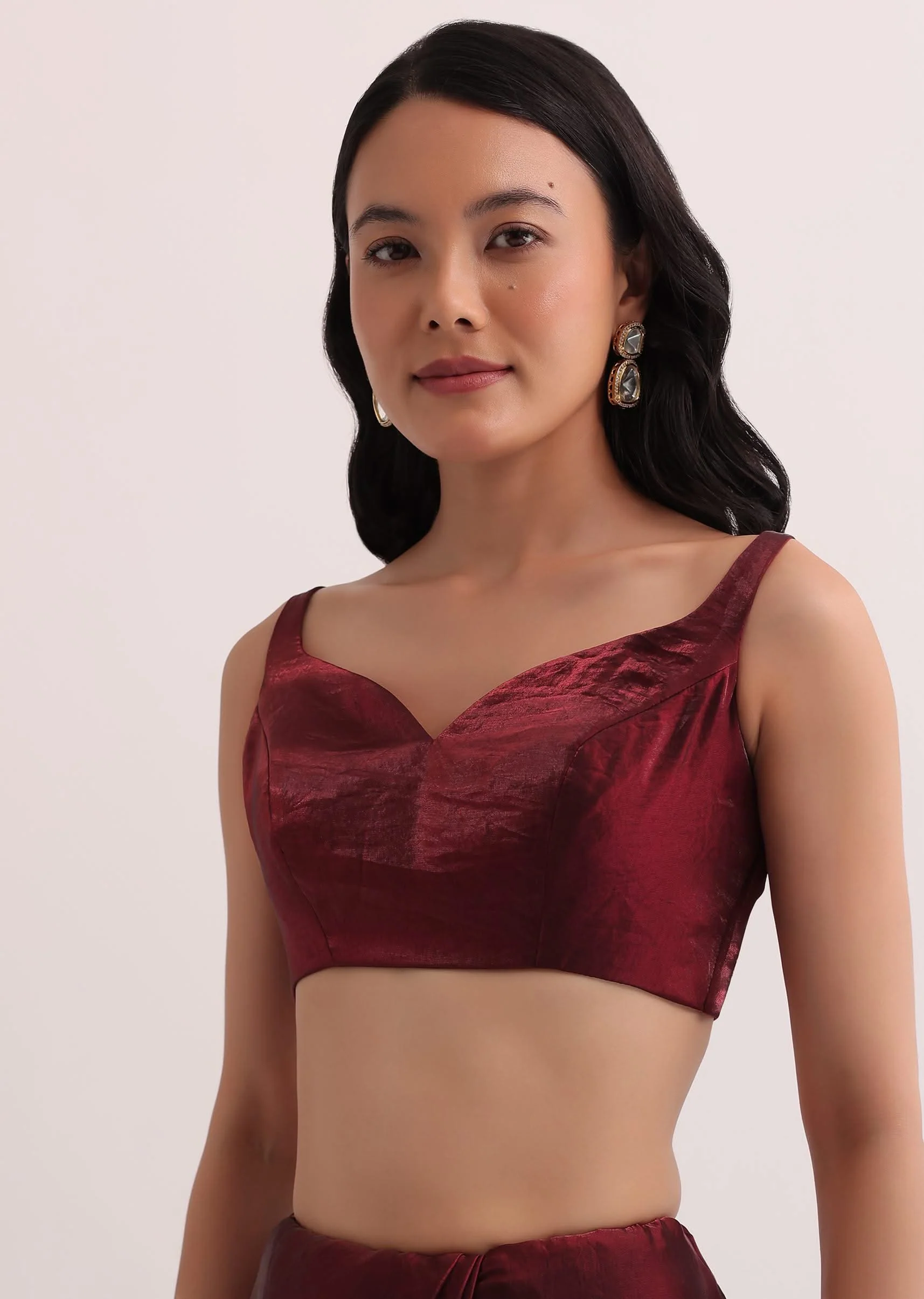 Maroon Red Organza Saree With Scalloped Border - Image 7
