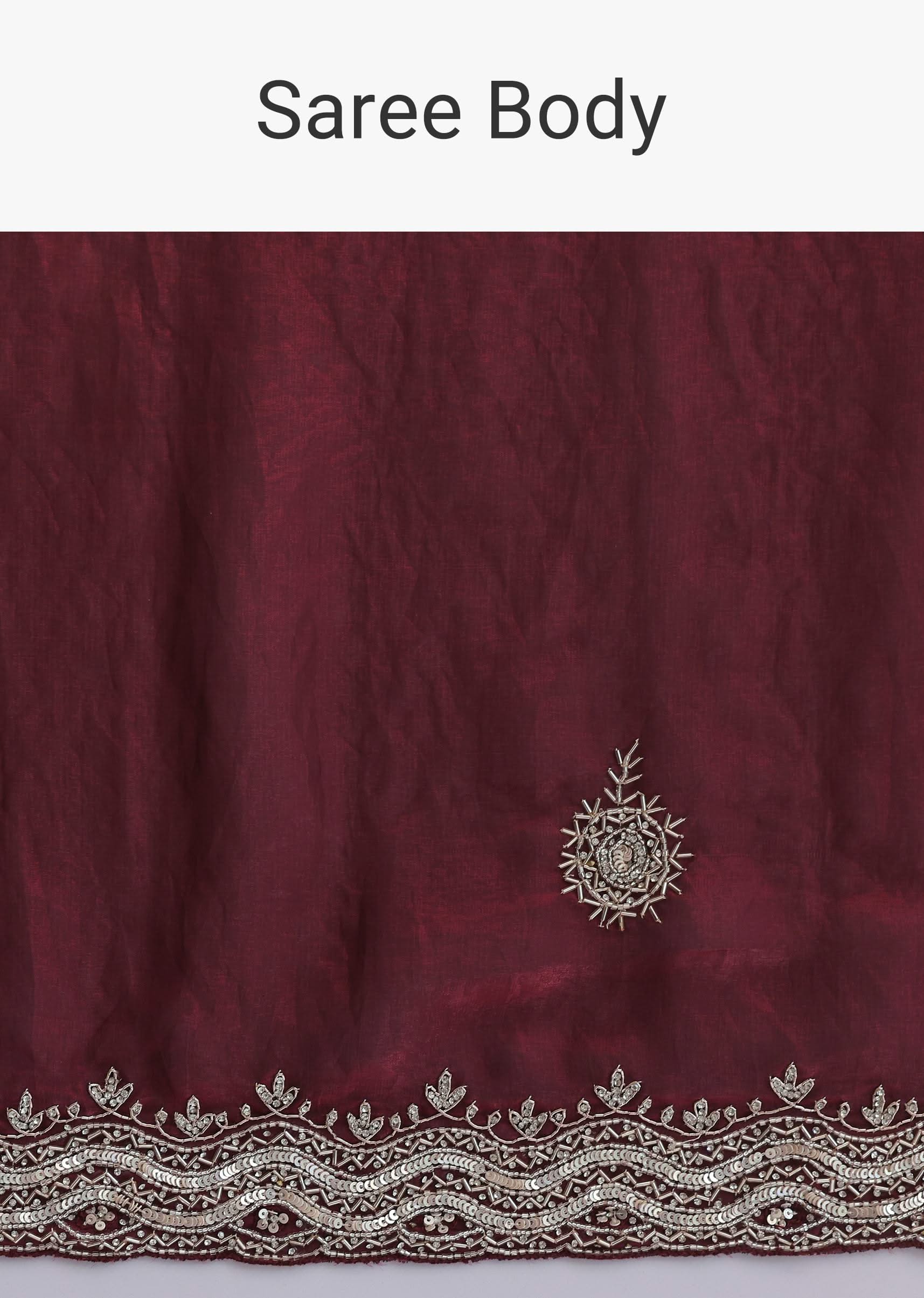 Maroon Red Organza Saree With Scalloped Border - Image 9