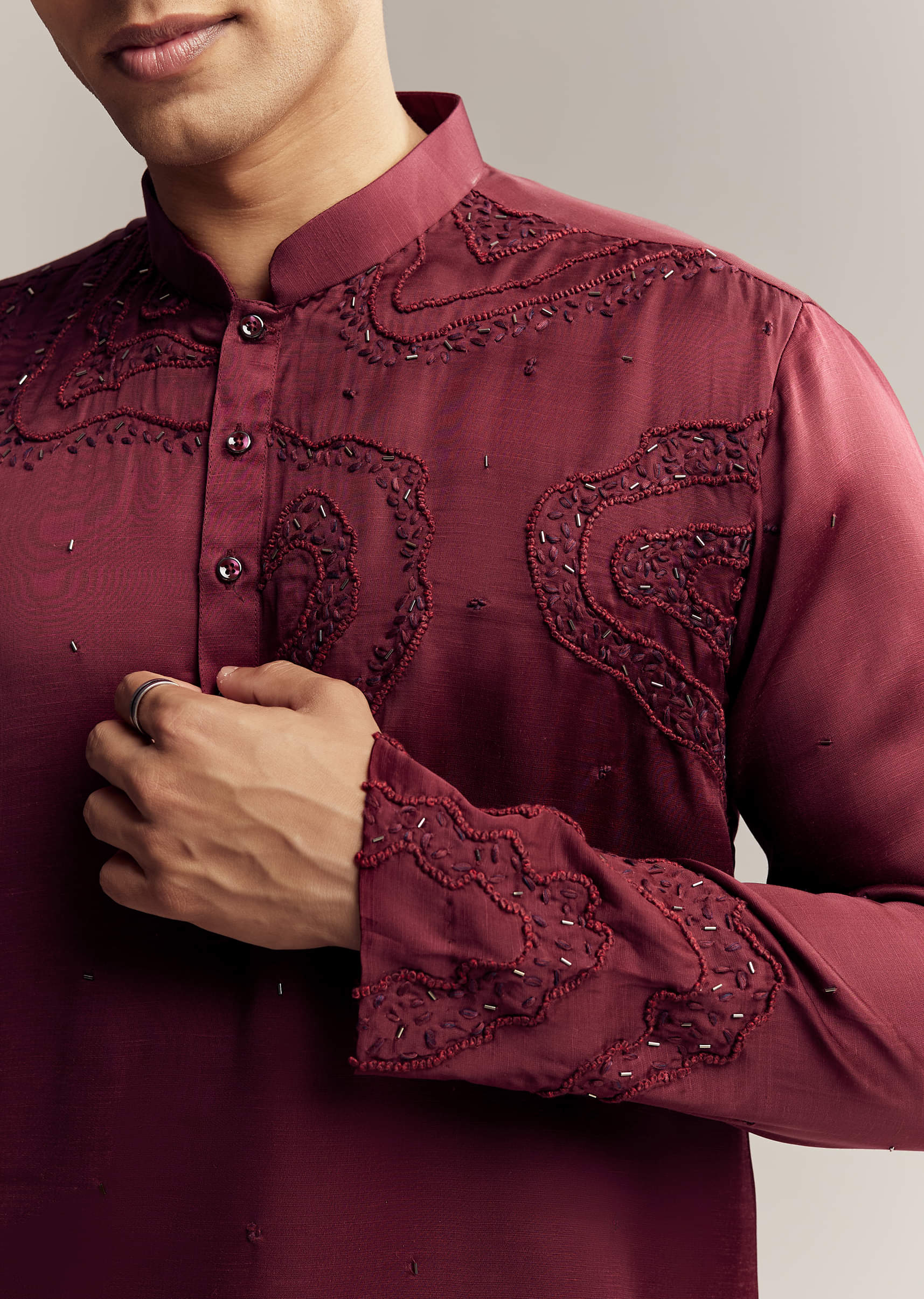 Maroon Red Silk Hand Embroidered Kurta Set For Men - Image 4