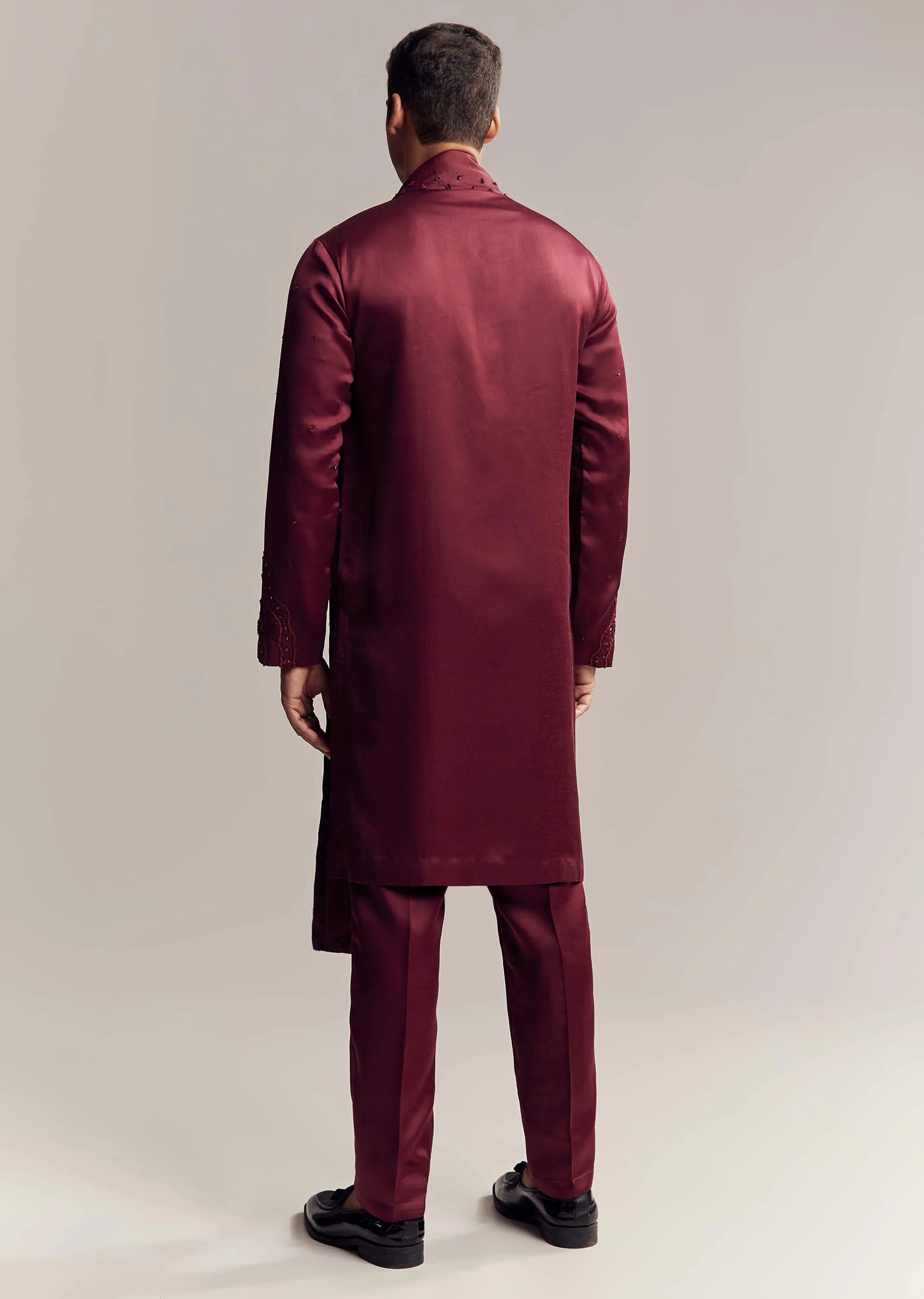 Maroon Red Silk Hand Embroidered Kurta Set For Men - Image 5
