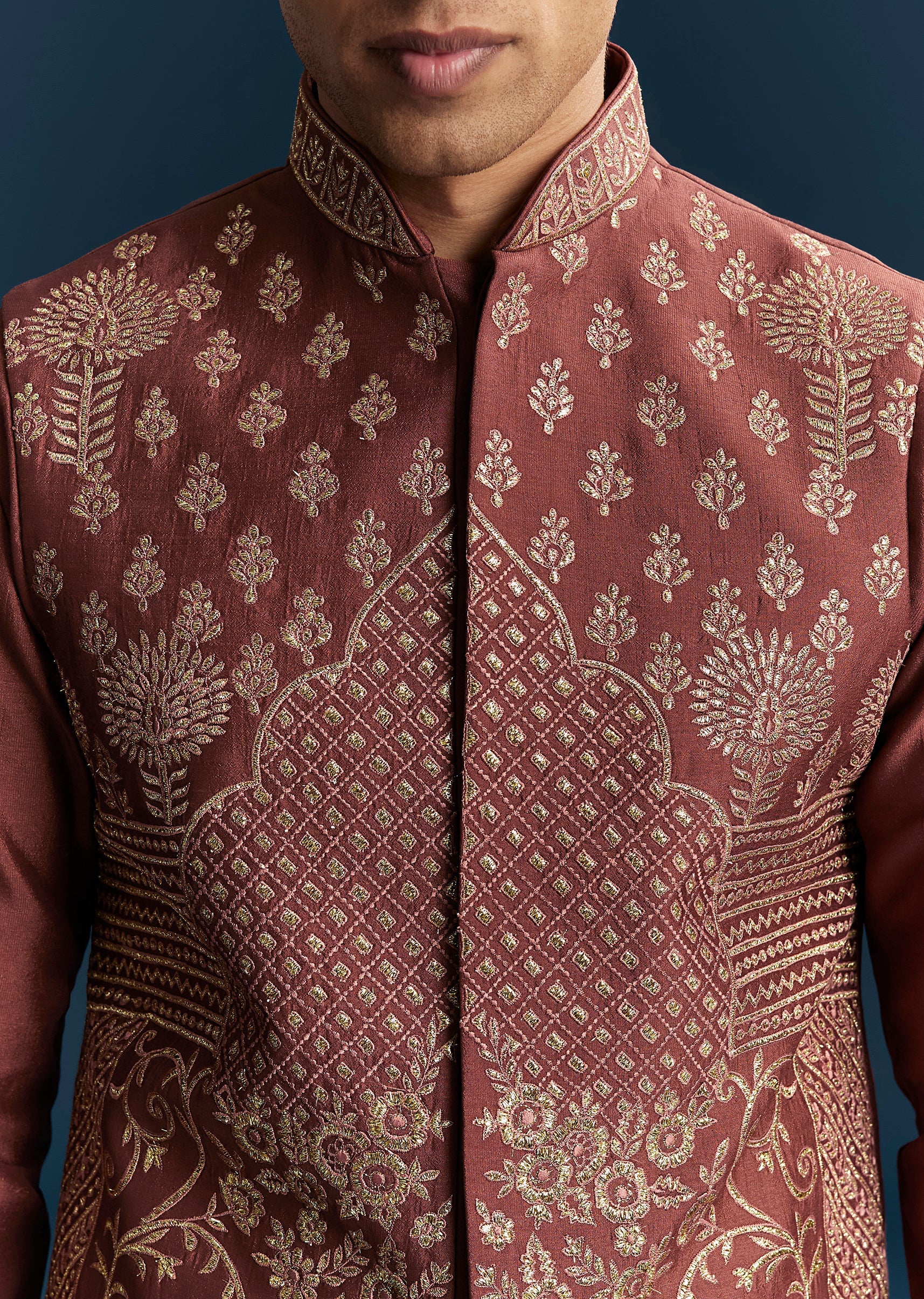 Maroon Red Silk Kurta Jacket Set With Thread Detail Work - Image 2