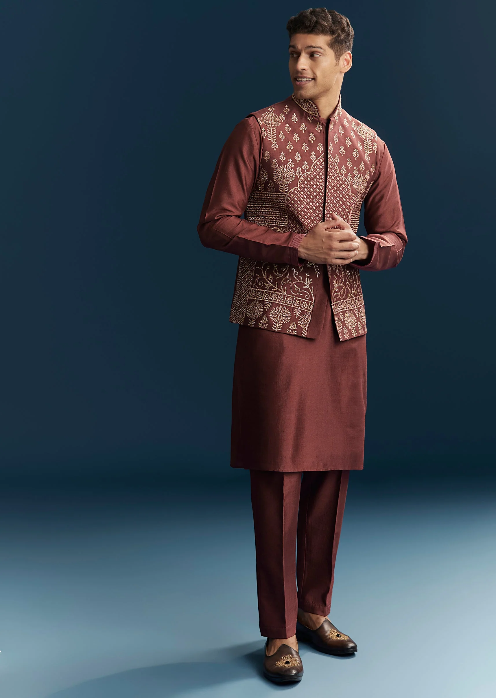 Maroon Red Silk Kurta Jacket Set With Thread Detail Work - Image 3