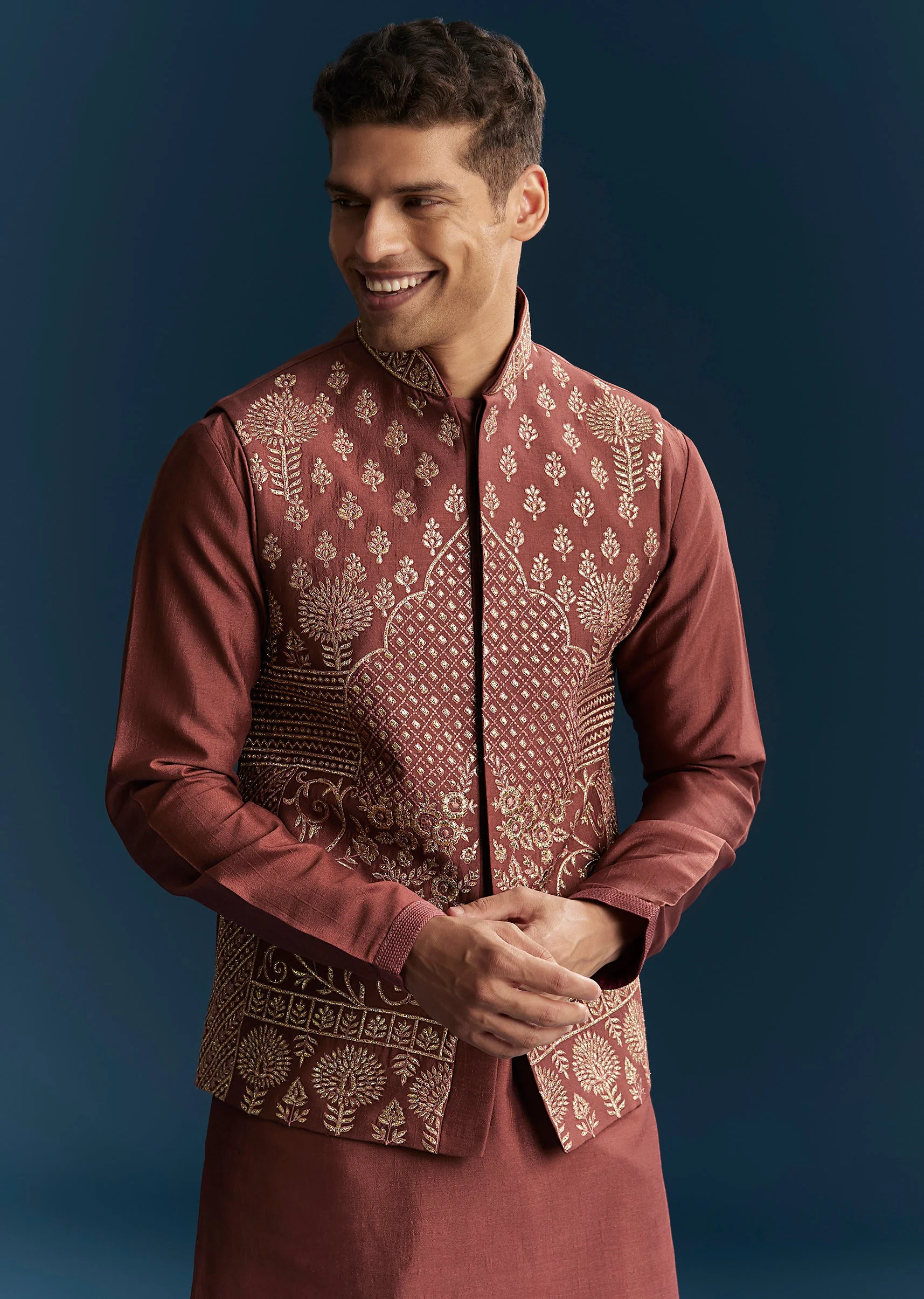 Maroon Red Silk Kurta Jacket Set With Thread Detail Work - Image 4