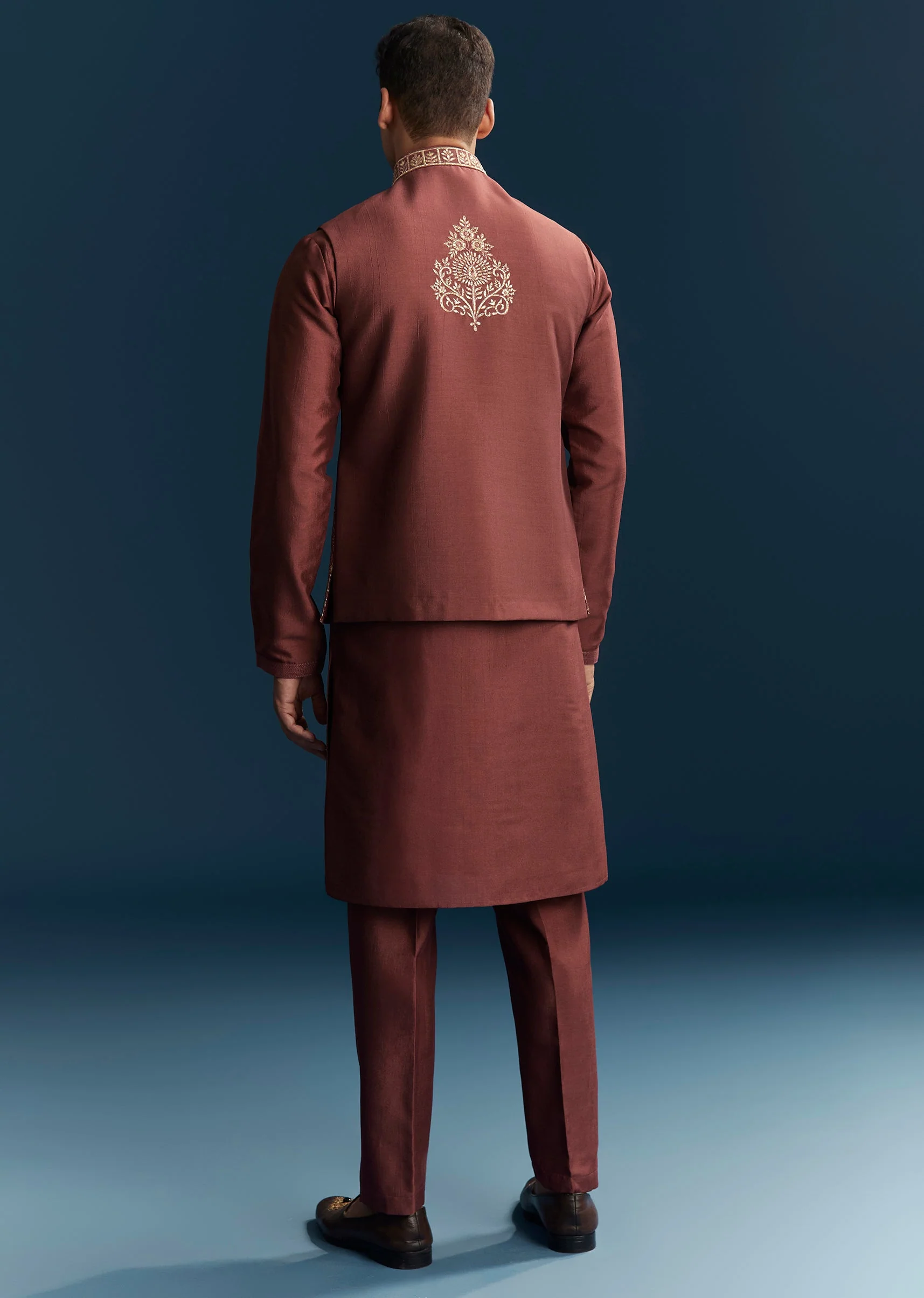 Maroon Red Silk Kurta Jacket Set With Thread Detail Work - Image 5