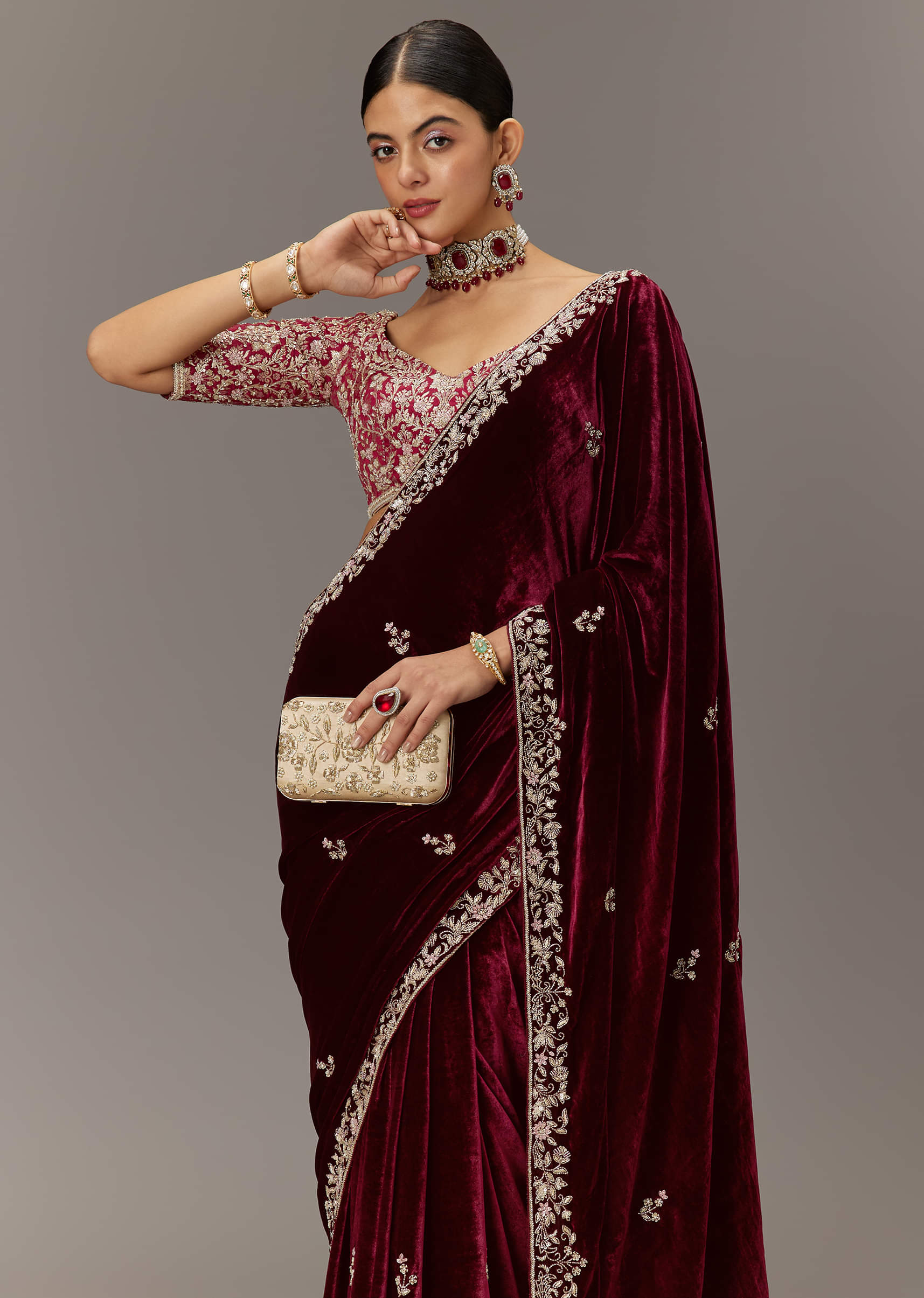 Maroon Saree In Velvet With Brocade Embroidered Blouse - Image 2