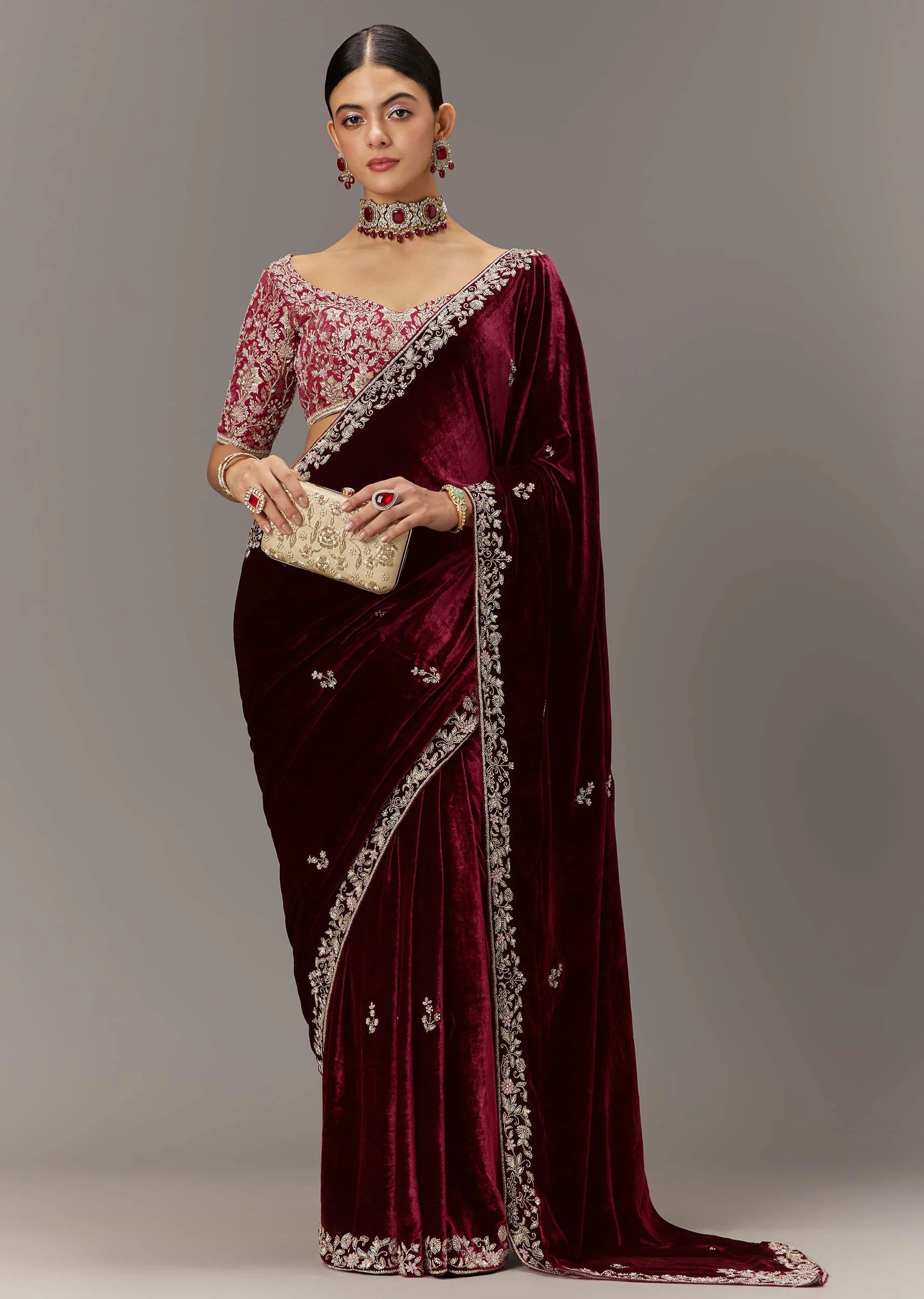 Maroon Saree In Velvet With Brocade Embroidered Blouse - Image 3