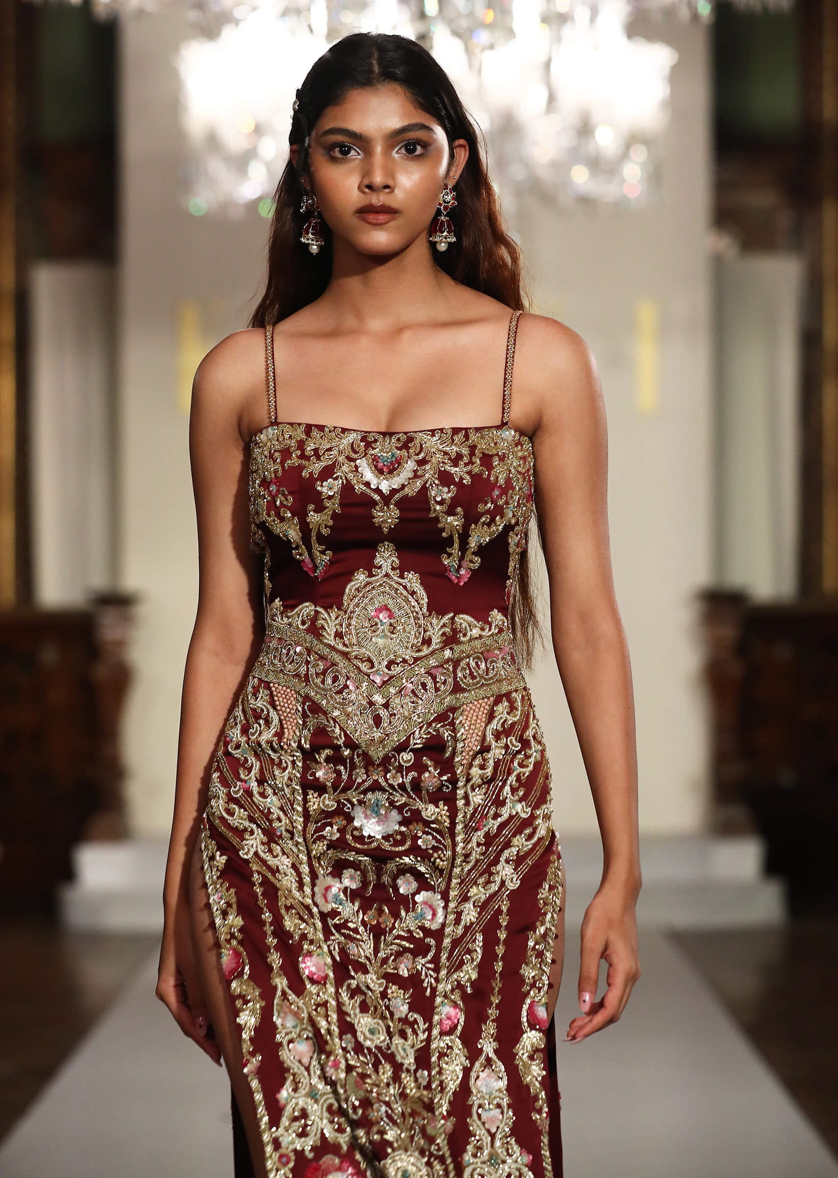Maroon Satin Bridal Gown With Zardosi And Sequins Embroidery - Image 2