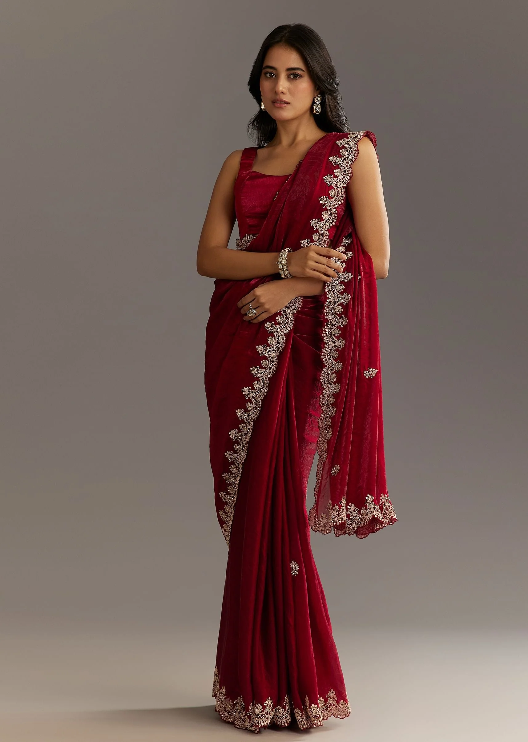 Maroon Satin Embroidered Saree With Scallop Border - Image 3