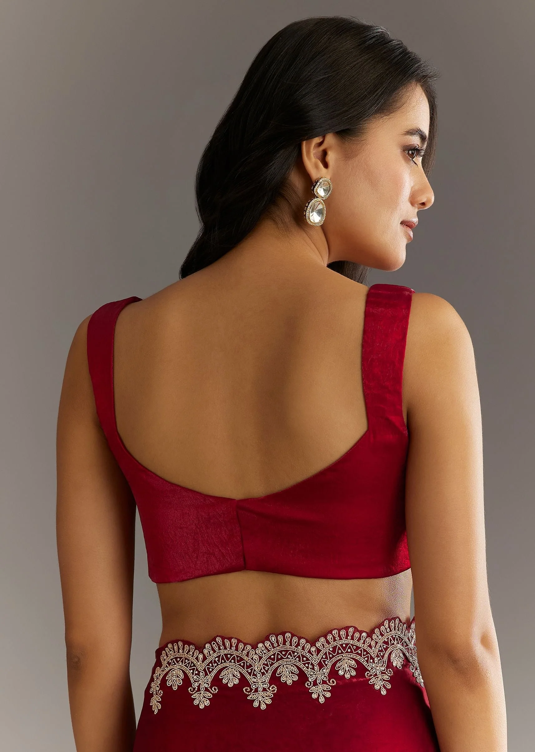 Maroon Satin Embroidered Saree With Scallop Border - Image 8