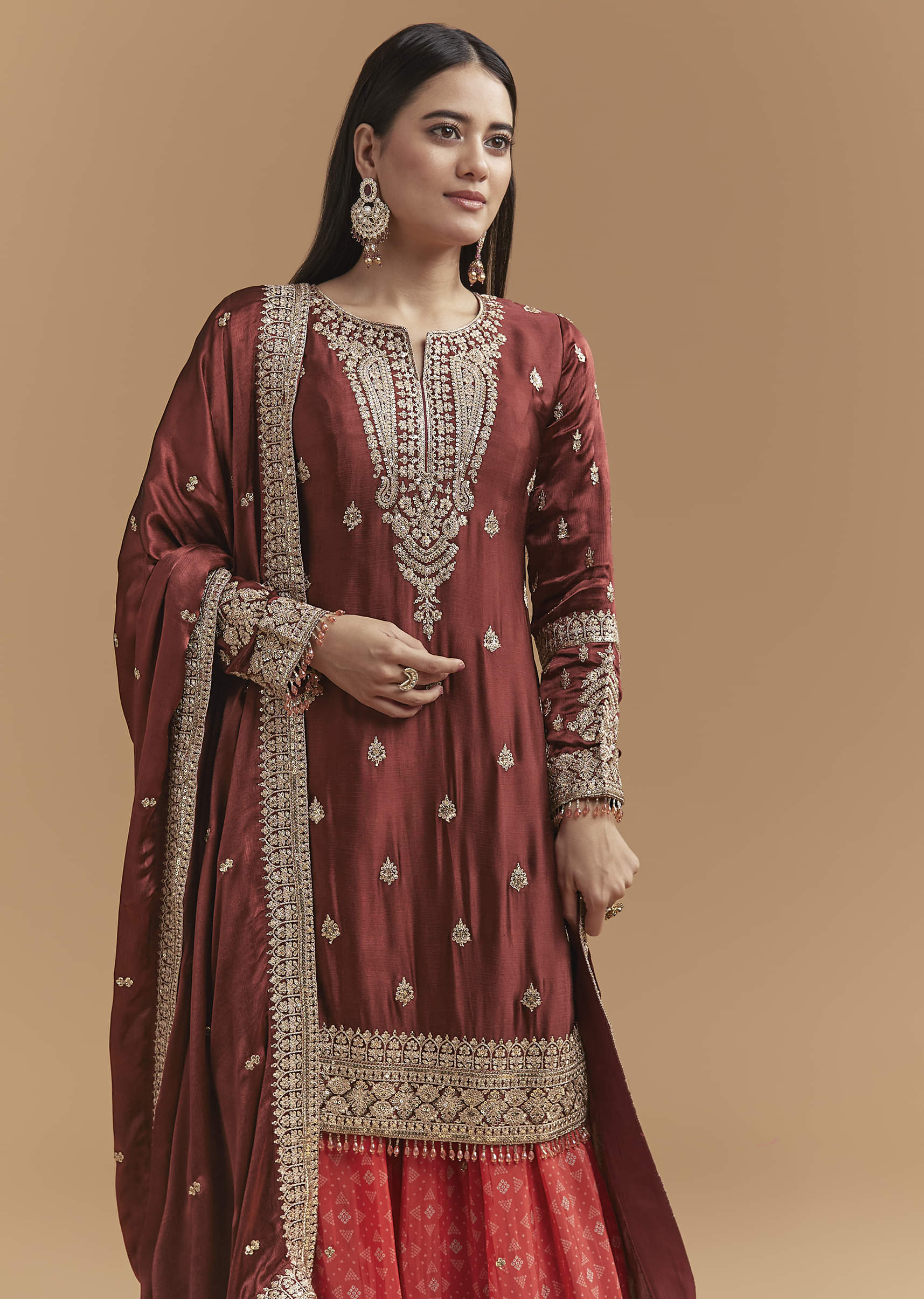 Maroon Satin Palazzo Suit With Heavy Zari Work - Image 4