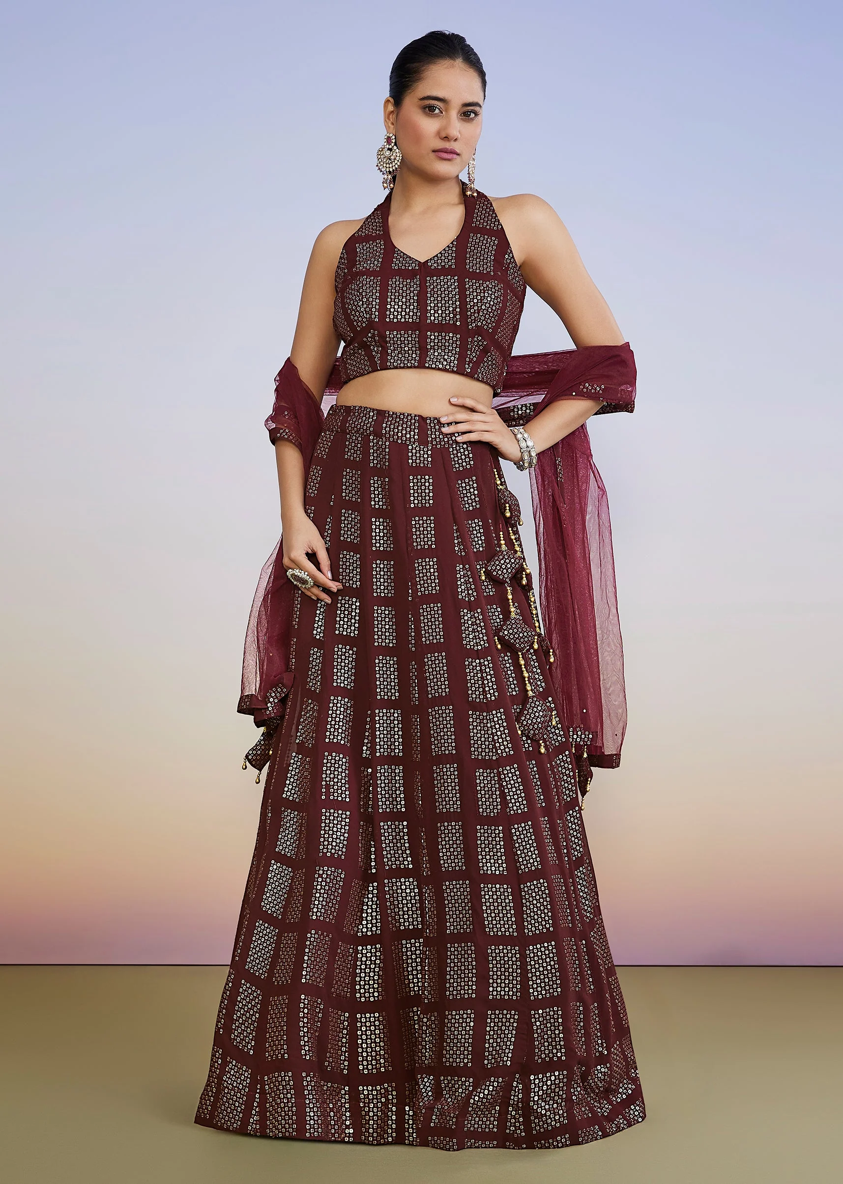 Maroon Sequin Halter Neck Lehenga Set With Dupatta - Image 4