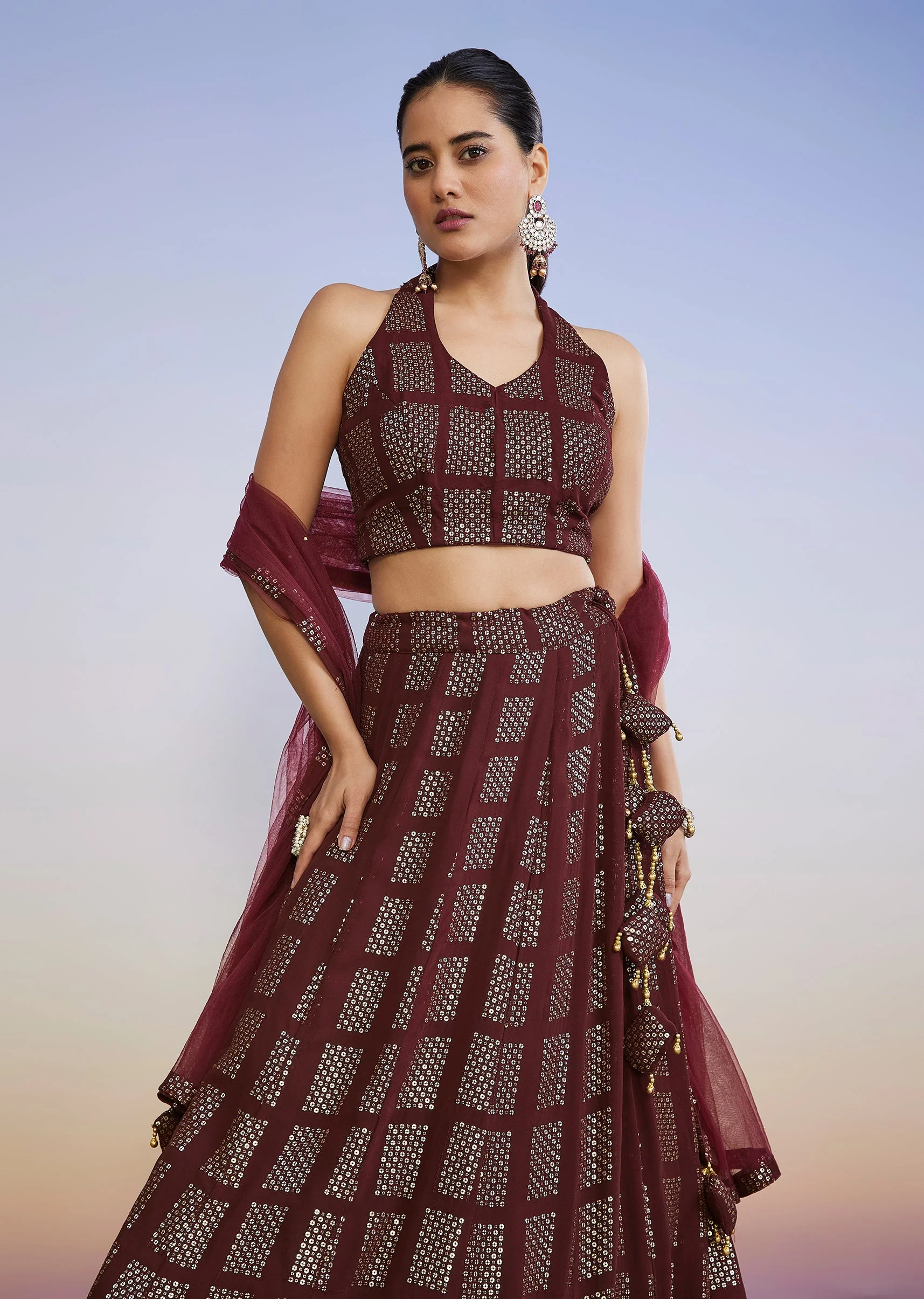 Maroon Sequin Halter Neck Lehenga Set With Dupatta - Image 5