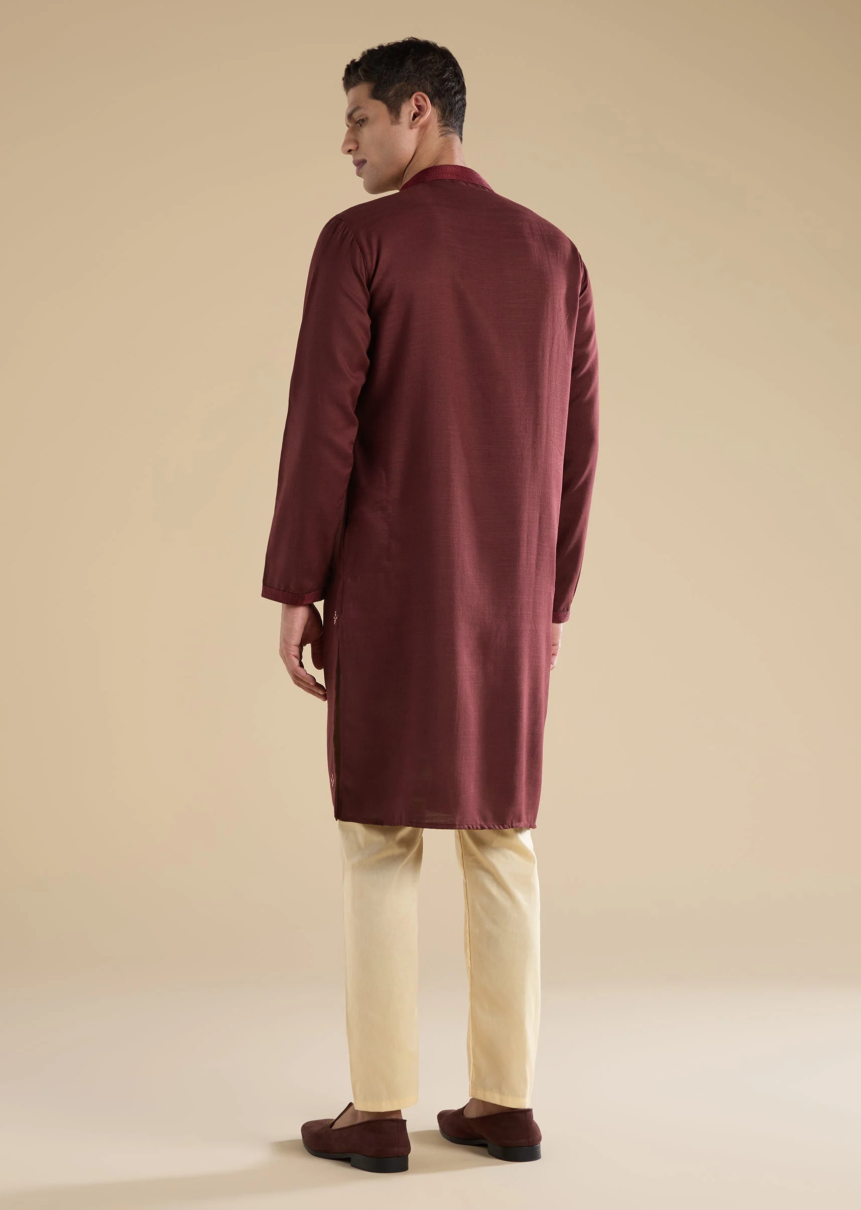 Maroon Silk Celebration Duo – Printed Silk Kurta Pant Set For Her And Maroon Casual Kurta Set For Him - Image 10
