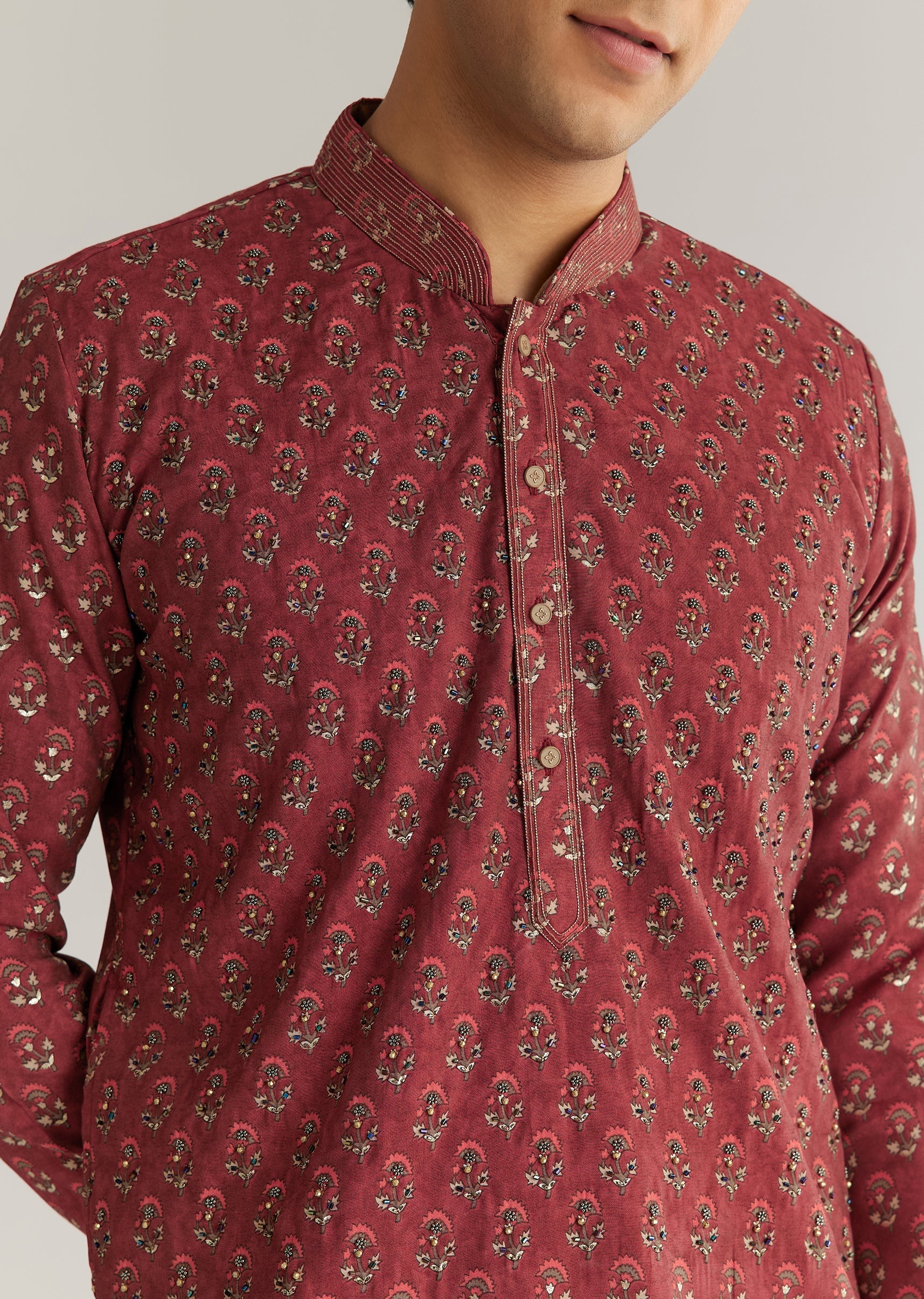 Maroon Silk Cutdana Floral Kurta Set - Image 3