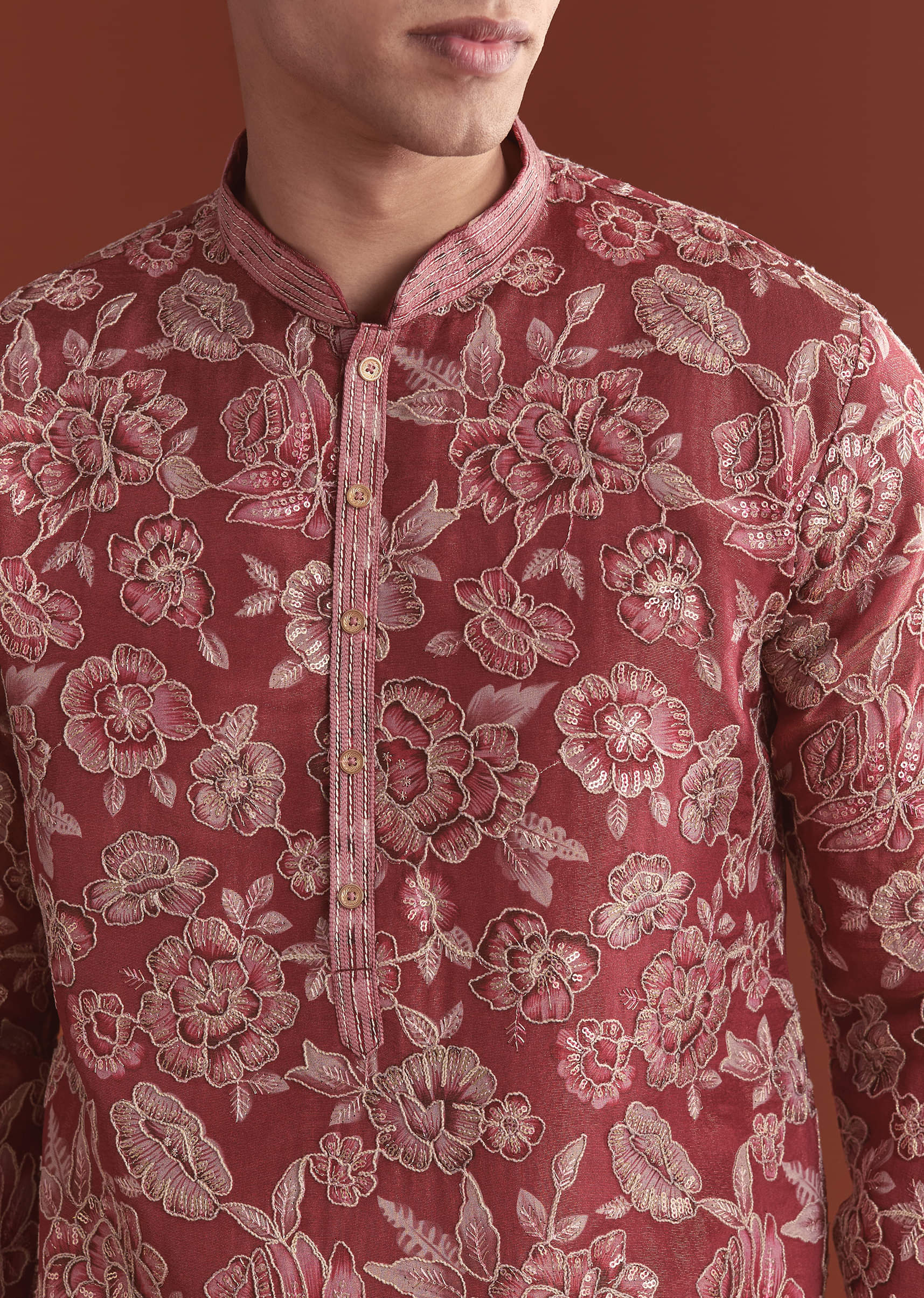 Maroon Silk Kurta Set For Men With Floral Thread Work - Image 2