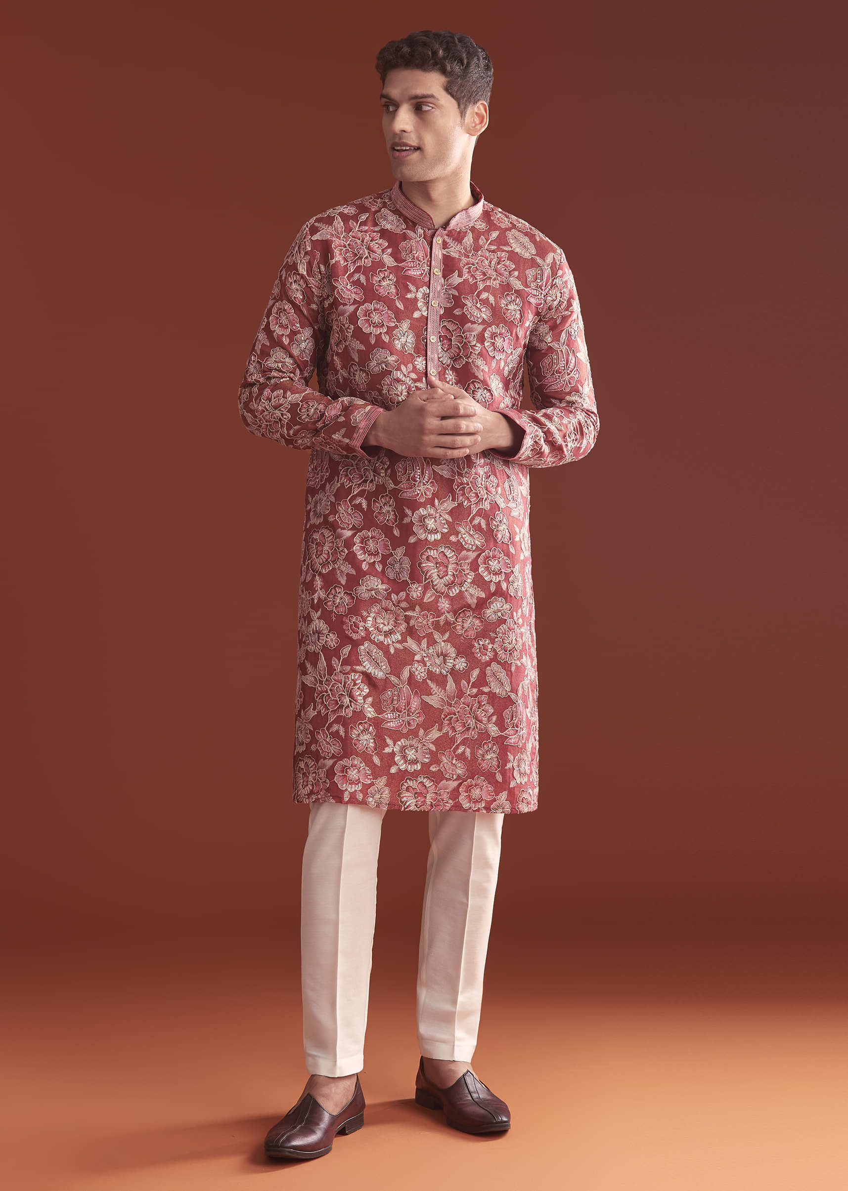 Maroon Silk Kurta Set For Men With Floral Thread Work - Image 3