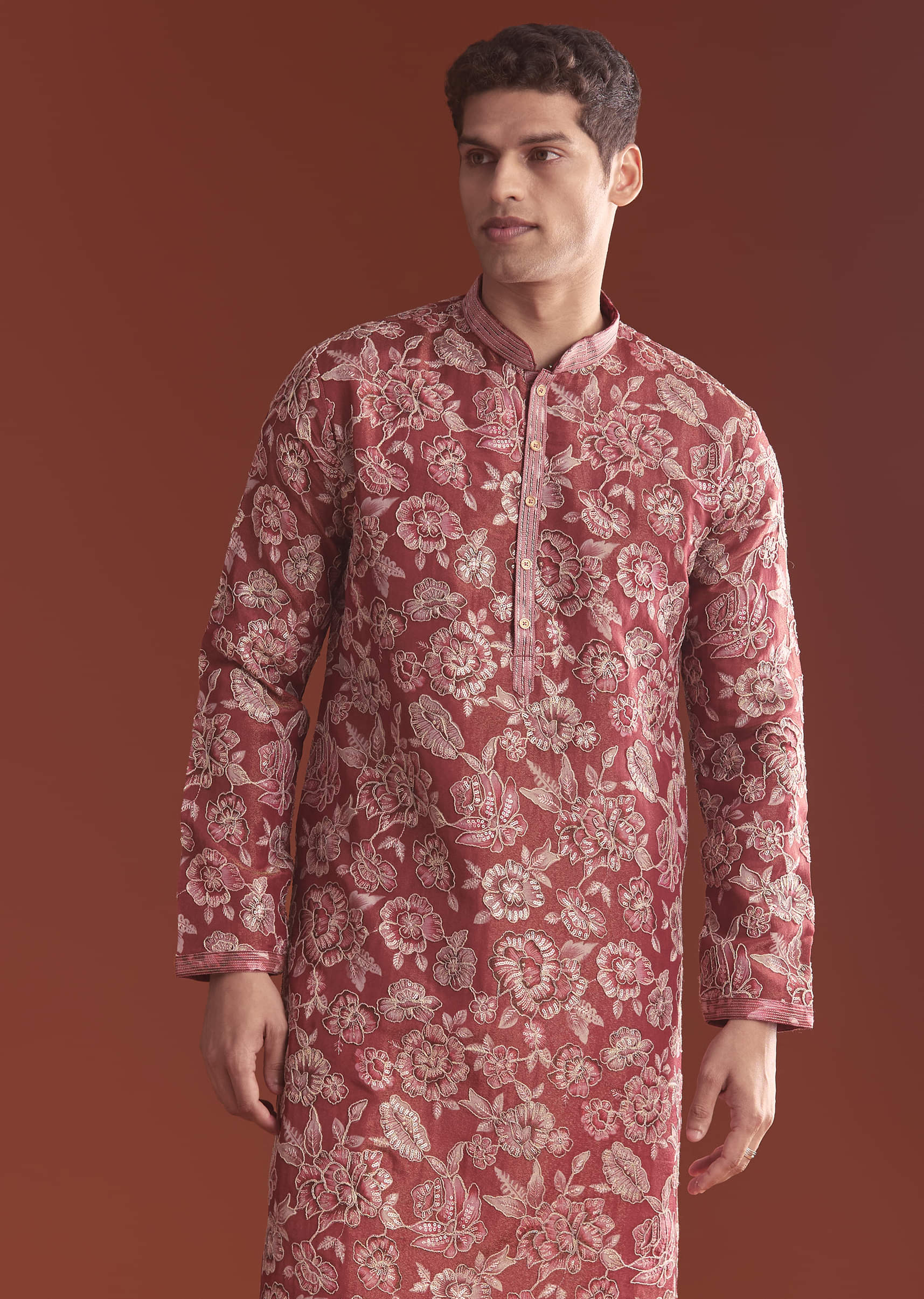 Maroon Silk Kurta Set For Men With Floral Thread Work - Image 4