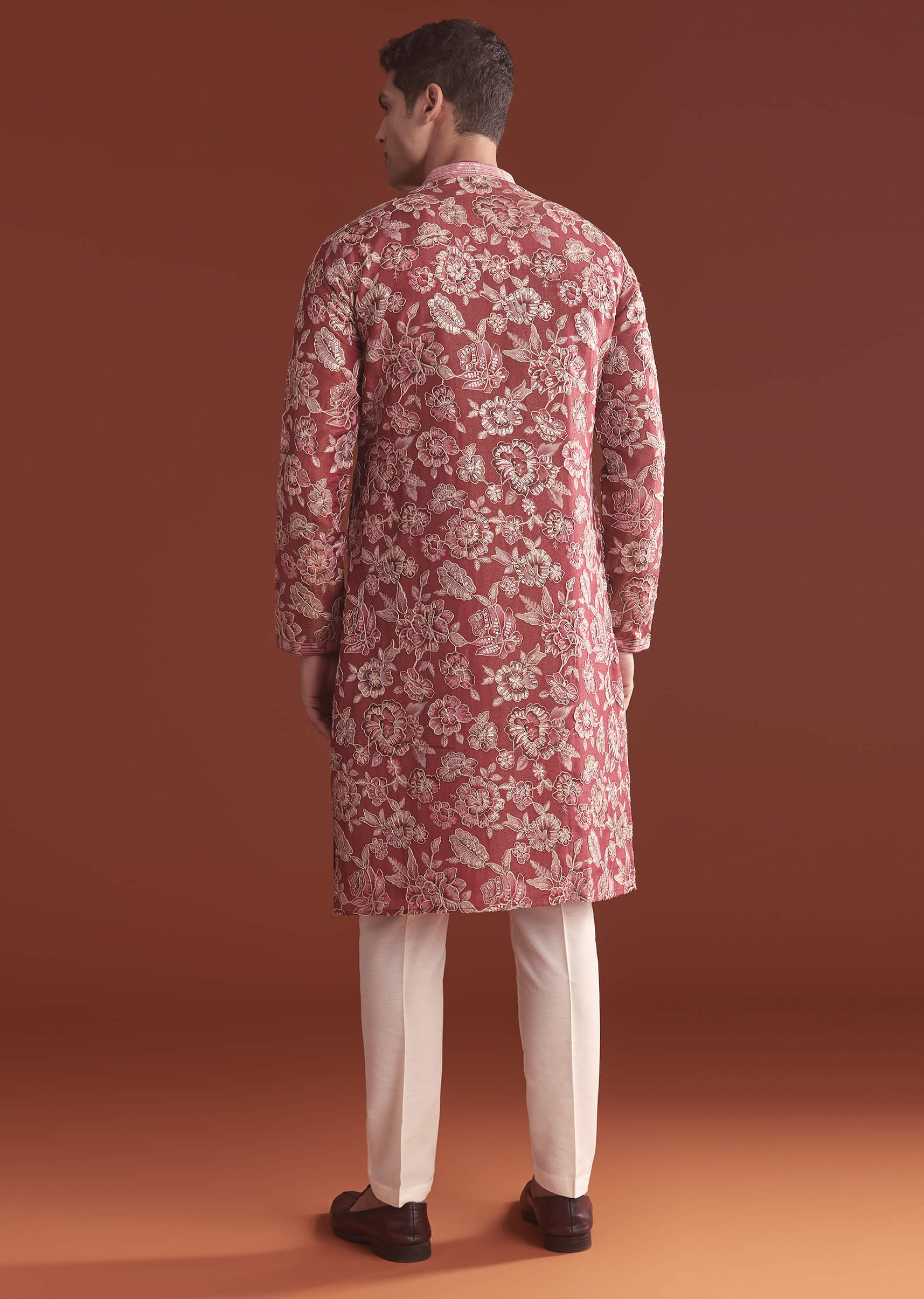 Maroon Silk Kurta Set For Men With Floral Thread Work - Image 5