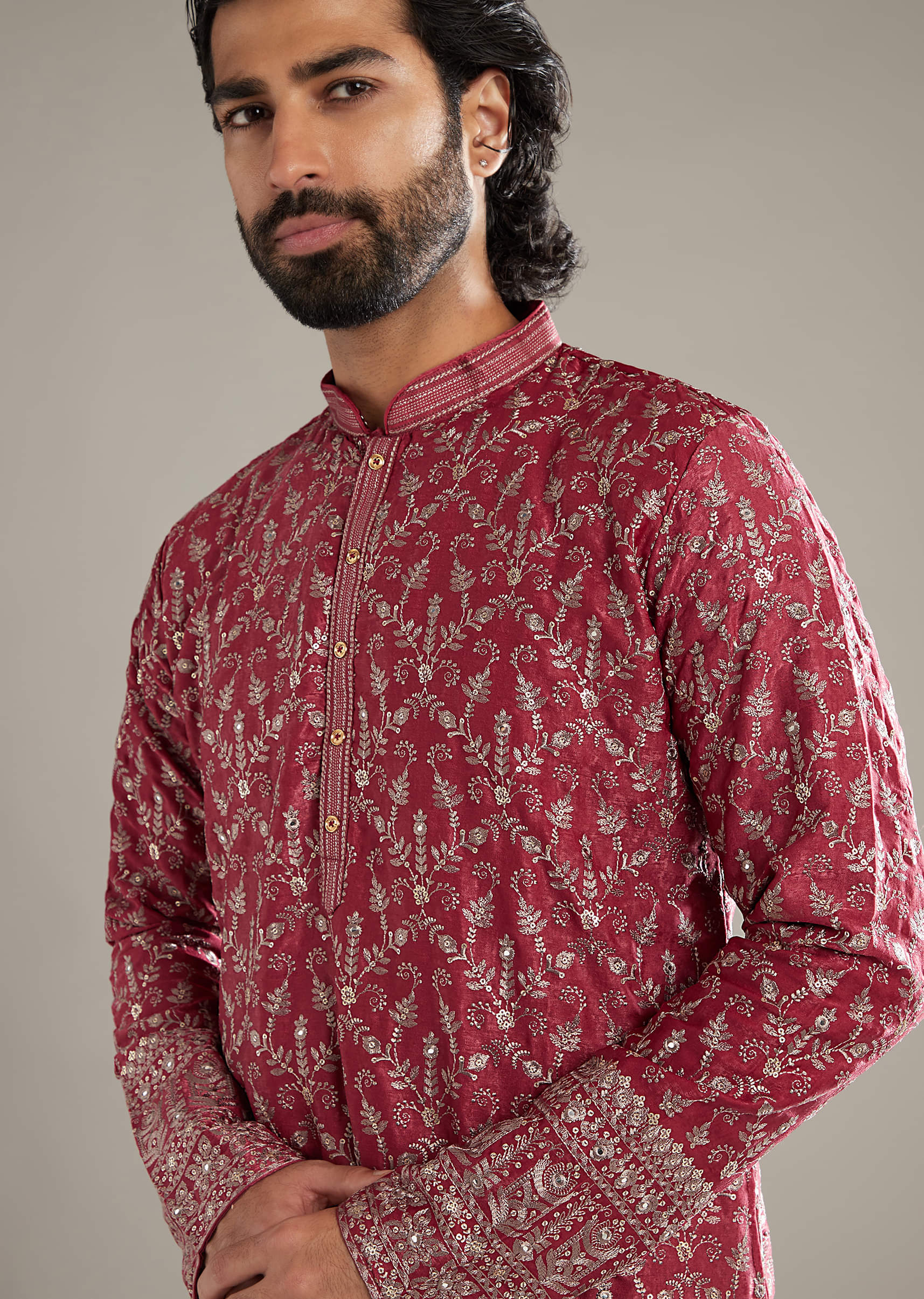 Maroon Silk Kurta Set For Men With Sequins And Resham Embroidery - Image 2