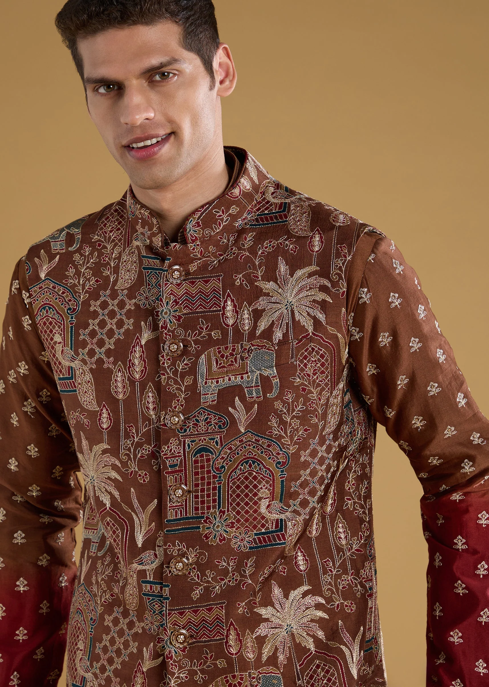 Maroon Silk Thread Embroidered Jacket and Kurta Set - Image 2