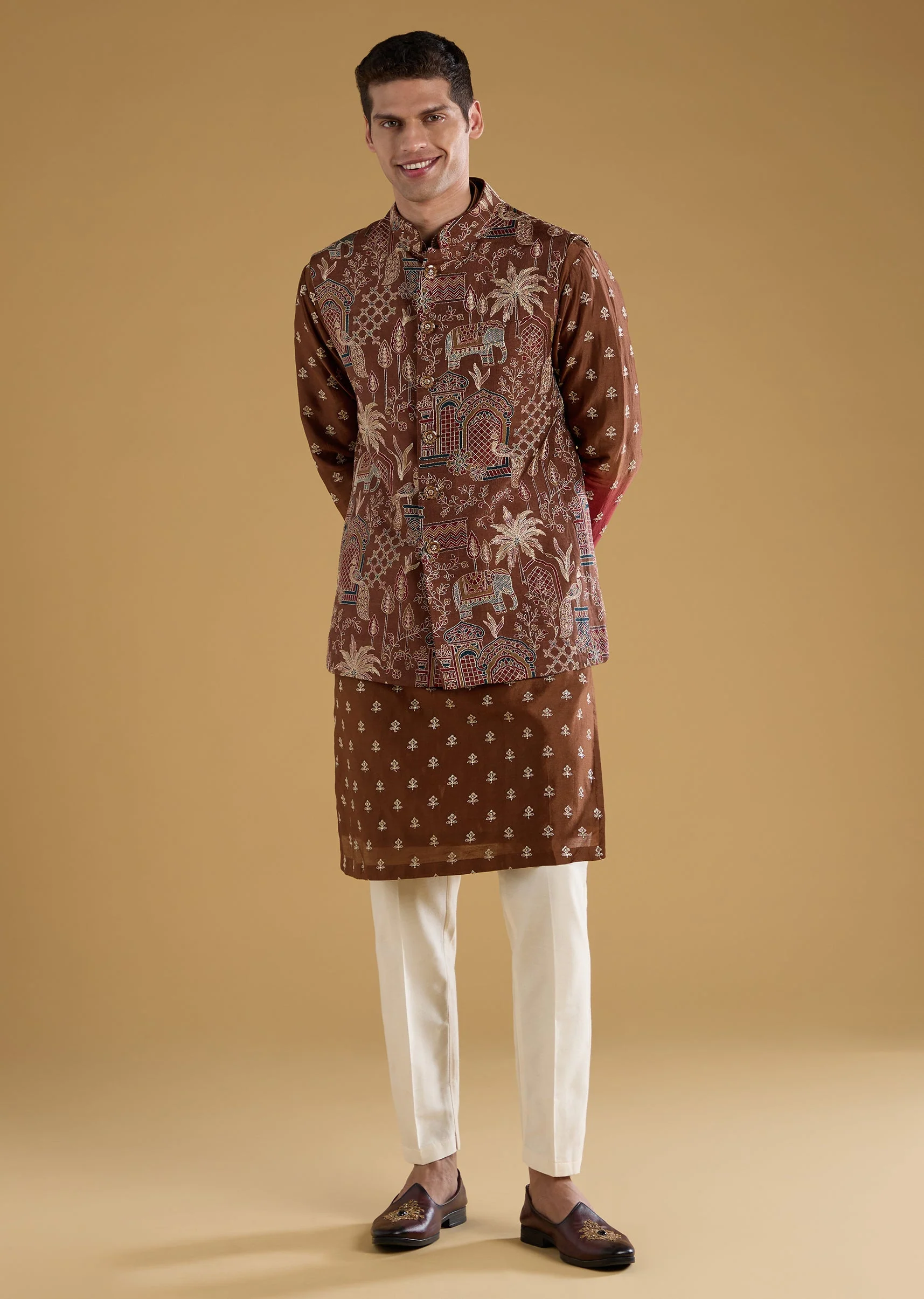 Maroon Silk Thread Embroidered Jacket and Kurta Set - Image 3