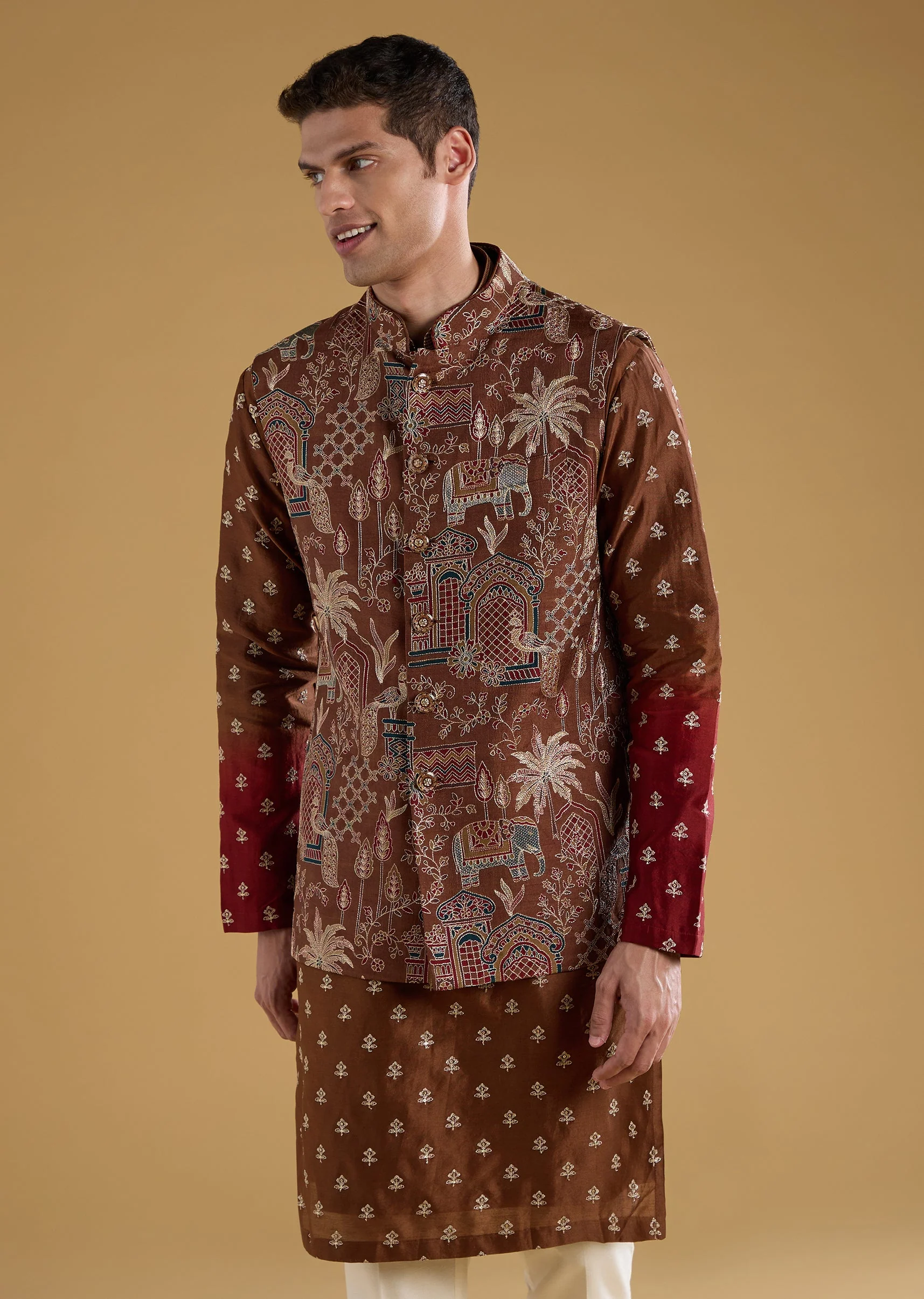 Maroon Silk Thread Embroidered Jacket and Kurta Set - Image 4