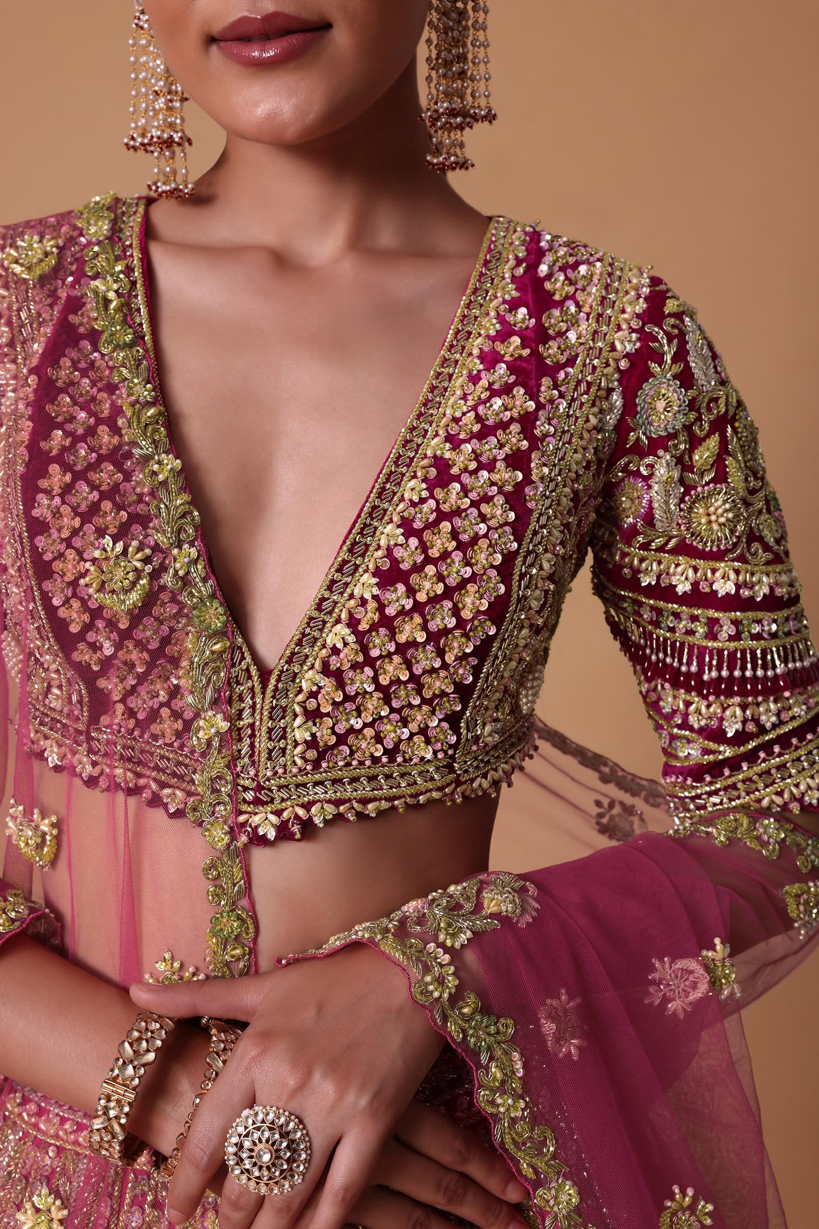 Maroon Silk Velvet 16 Kali Lehenga And Zardosi Blouse Set - Image 3