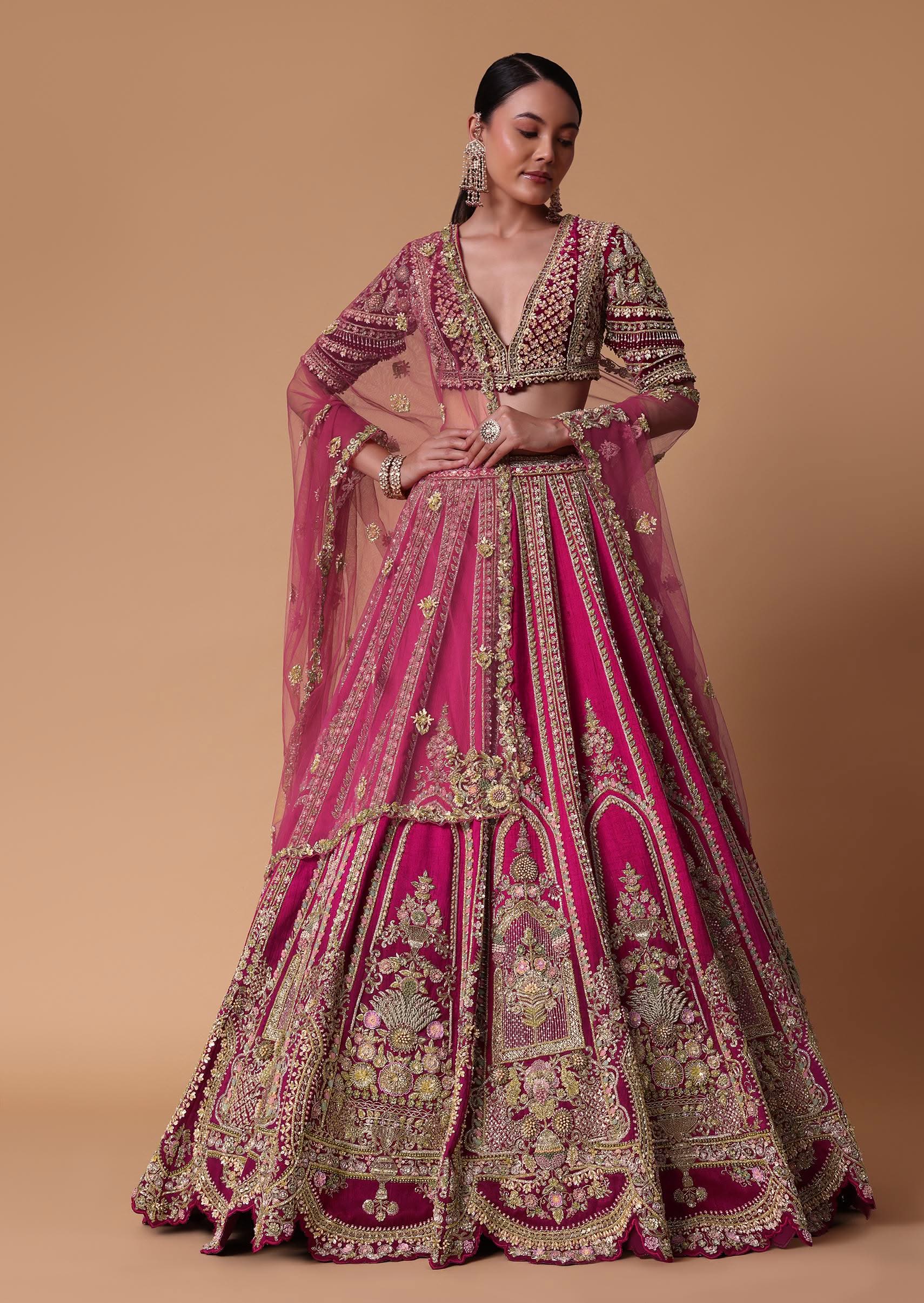 Maroon Silk Velvet 16 Kali Lehenga And Zardosi Blouse Set - Image 4