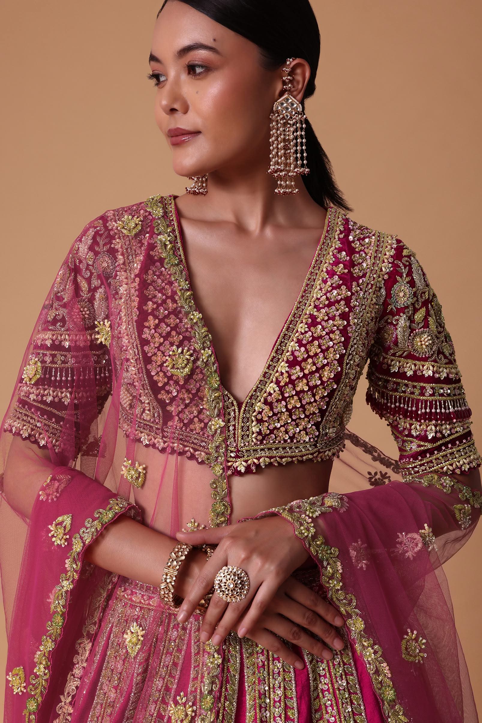 Maroon Silk Velvet 16 Kali Lehenga And Zardosi Blouse Set - Image 6