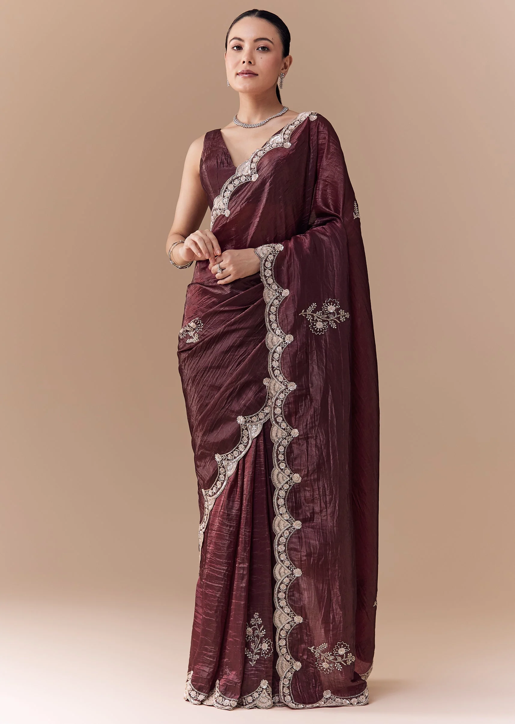 Maroon Tissue Embellished Saree with Blouse Fabric - Image 3