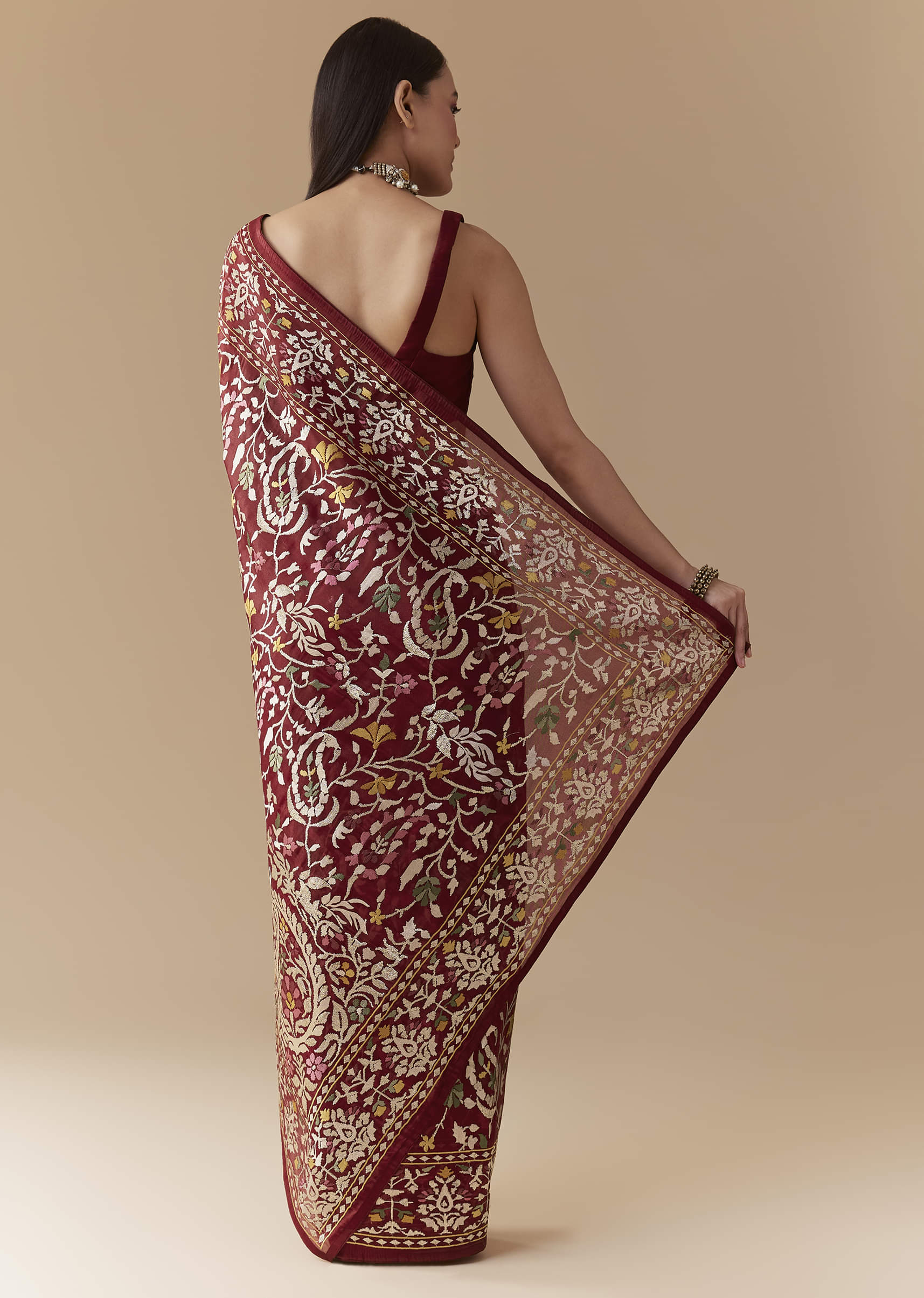 Maroon Tissue Organza Resham Work Saree with Unstitched Blouse - Image 4