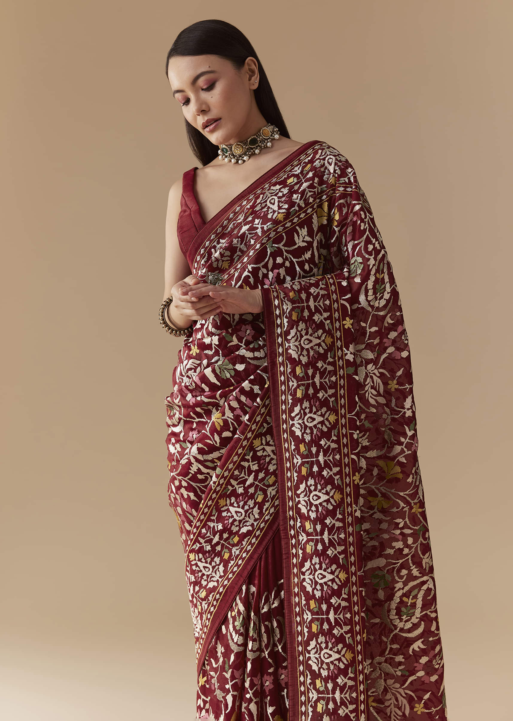 Maroon Tissue Organza Resham Work Saree with Unstitched Blouse - Image 5