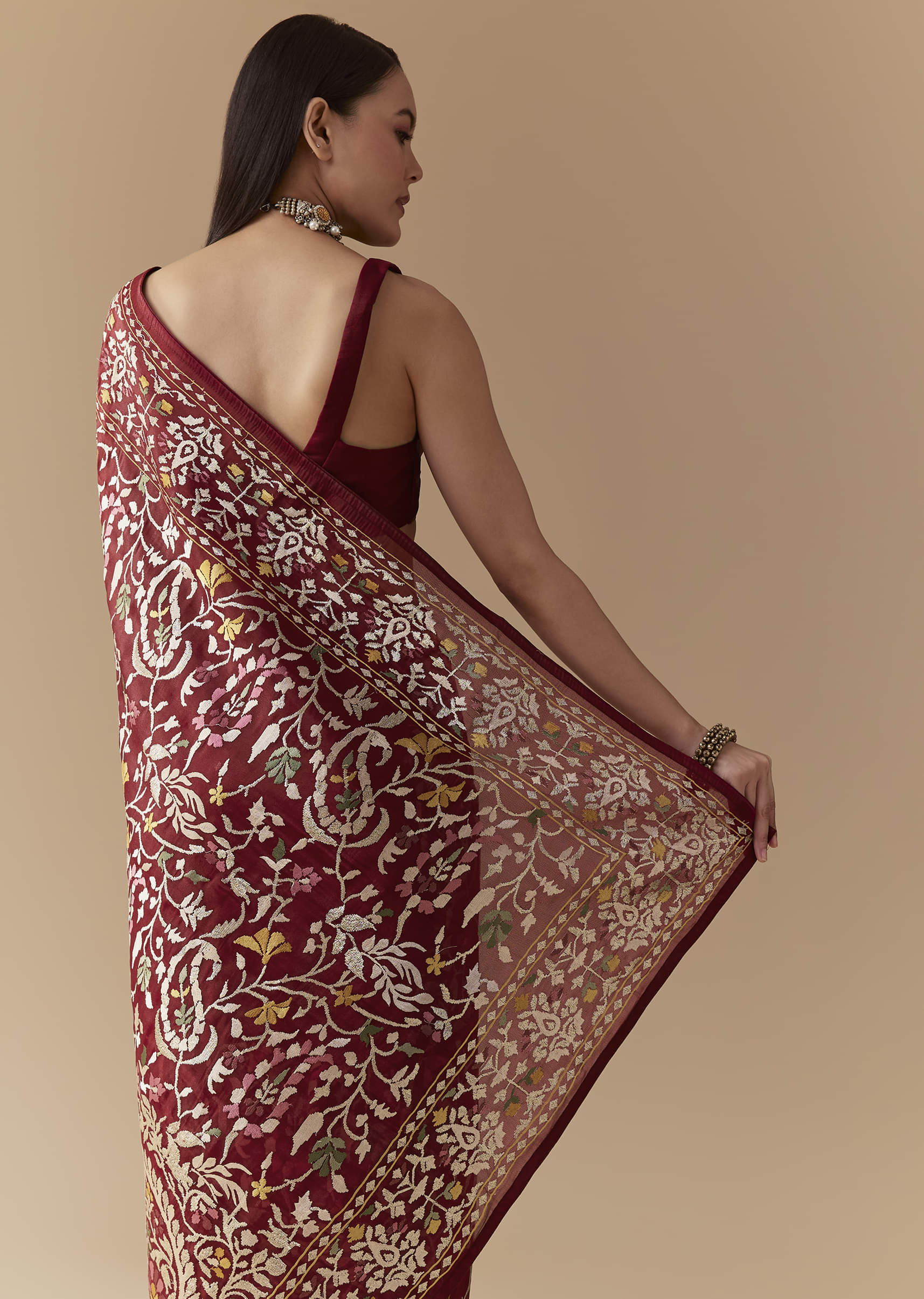 Maroon Tissue Organza Resham Work Saree with Unstitched Blouse - Image 6