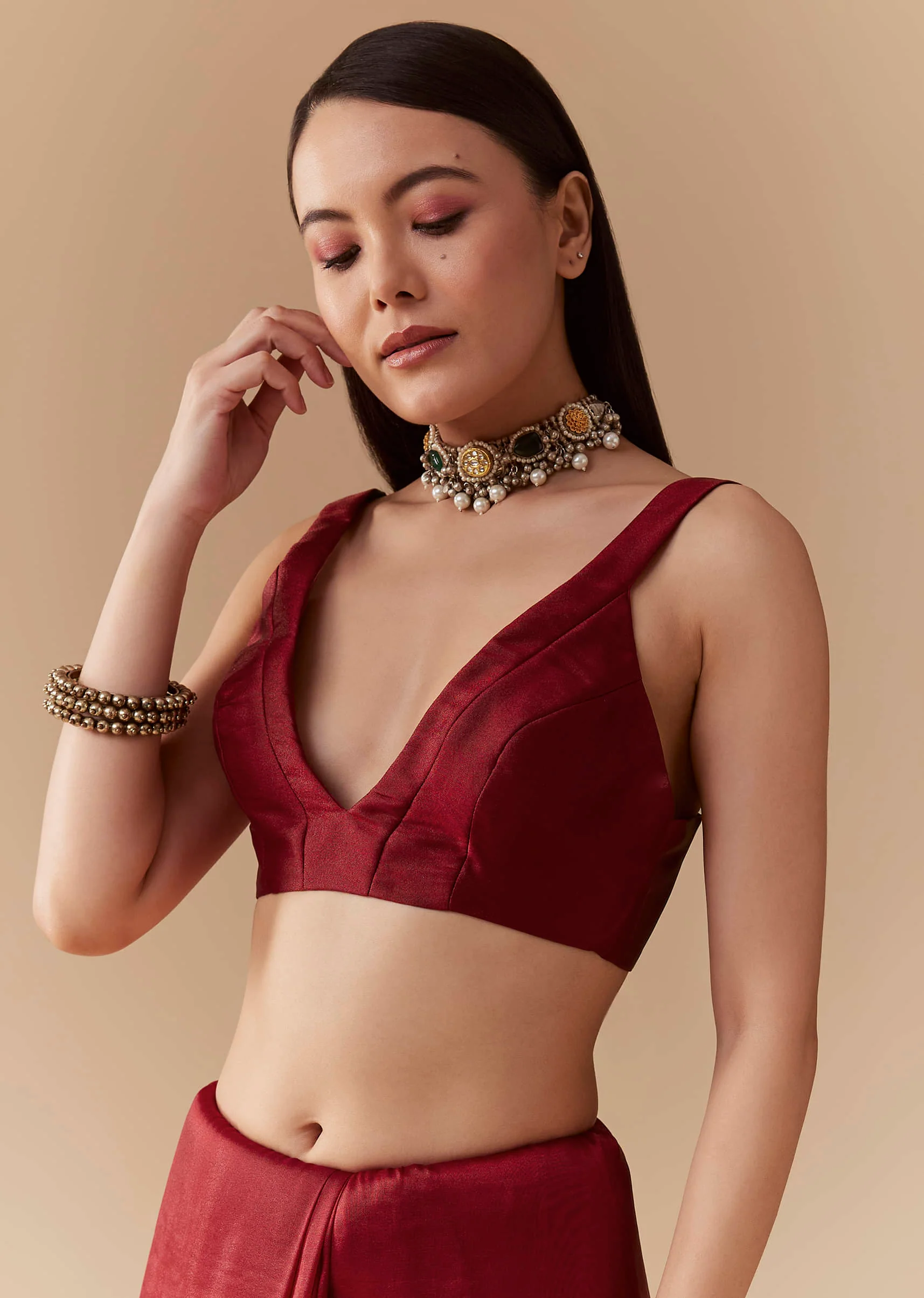 Maroon Tissue Organza Resham Work Saree with Unstitched Blouse - Image 7