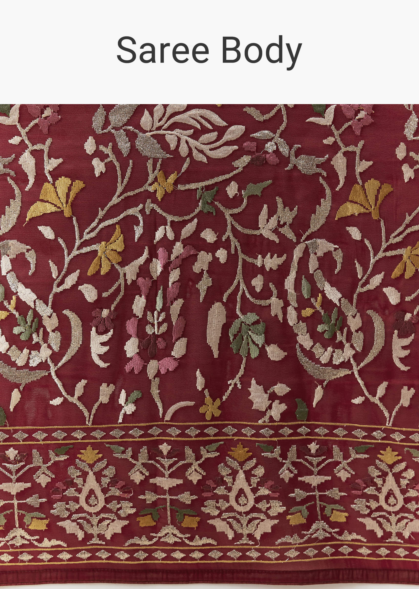Maroon Tissue Organza Resham Work Saree with Unstitched Blouse - Image 9