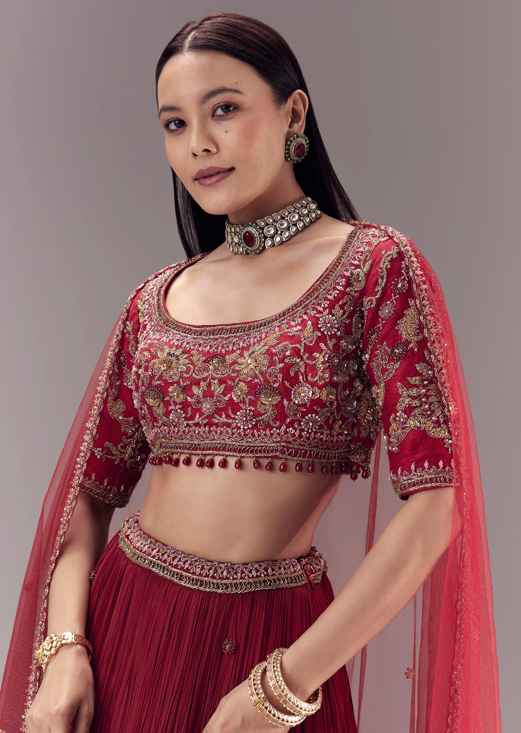 Maroon Zardozi Embellished Lehenga Set - Image 3