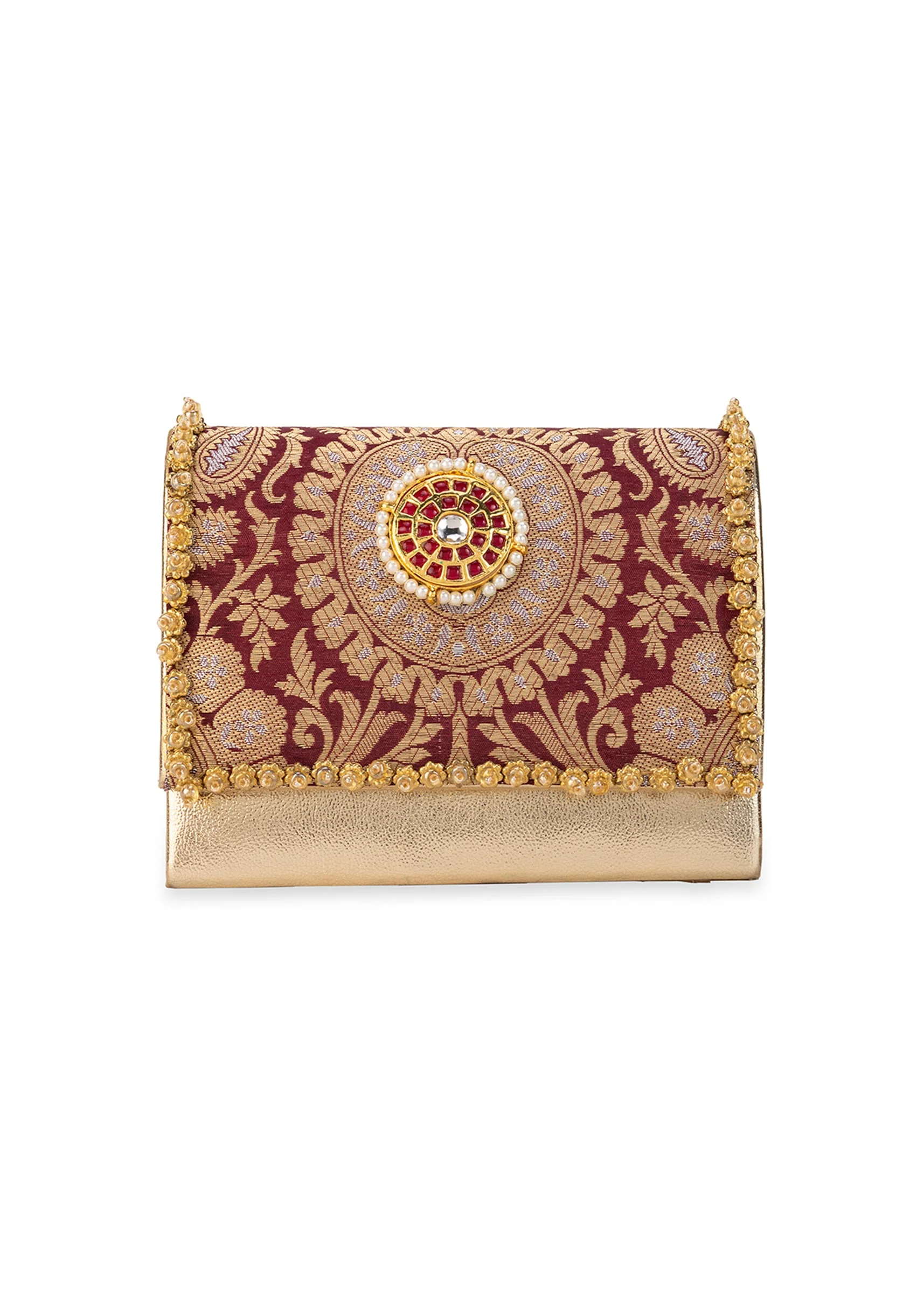 Maroon Zari and Kundan Embellished Rectangular Flap Bag - Image 2