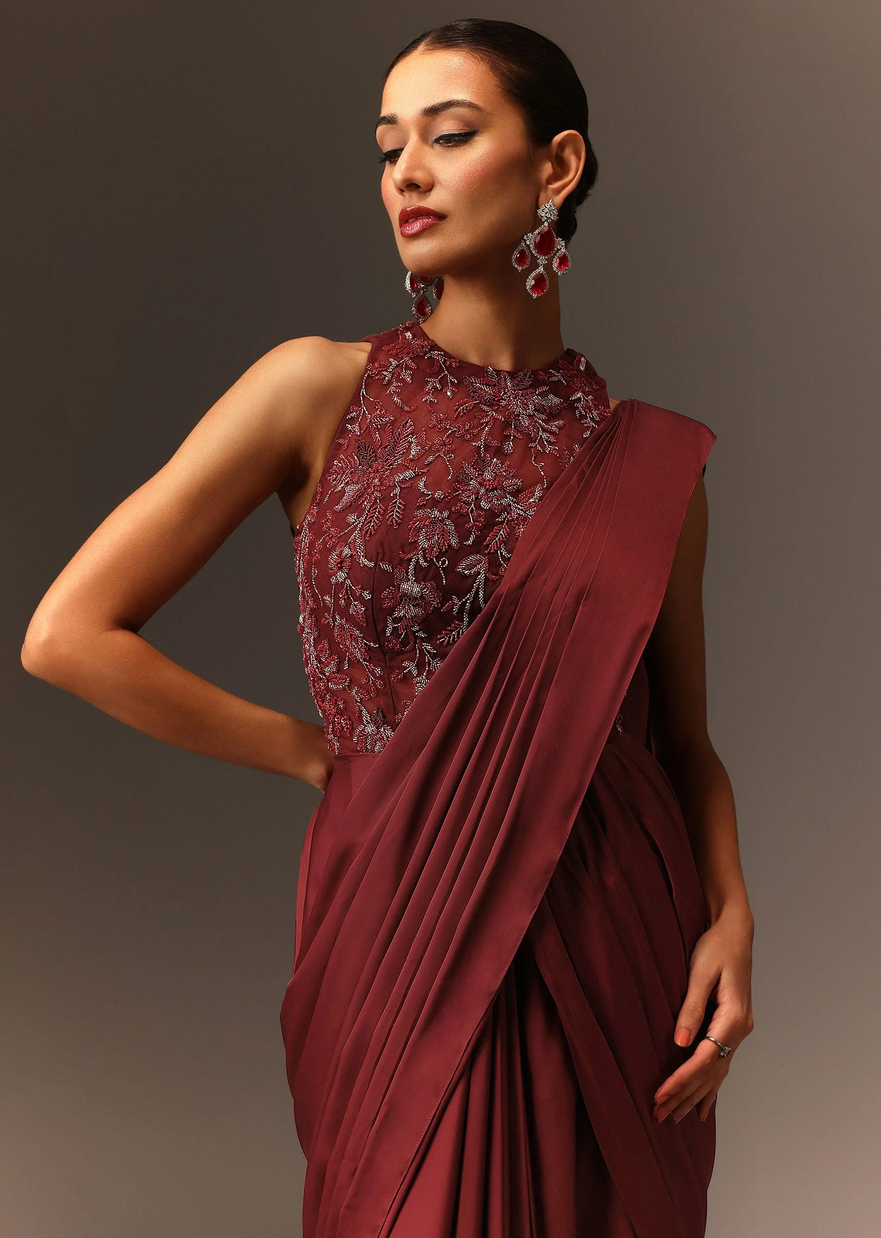 Masala Maroon Net Satin Draped Saree With Hand Embroidered Blouse - Image 2