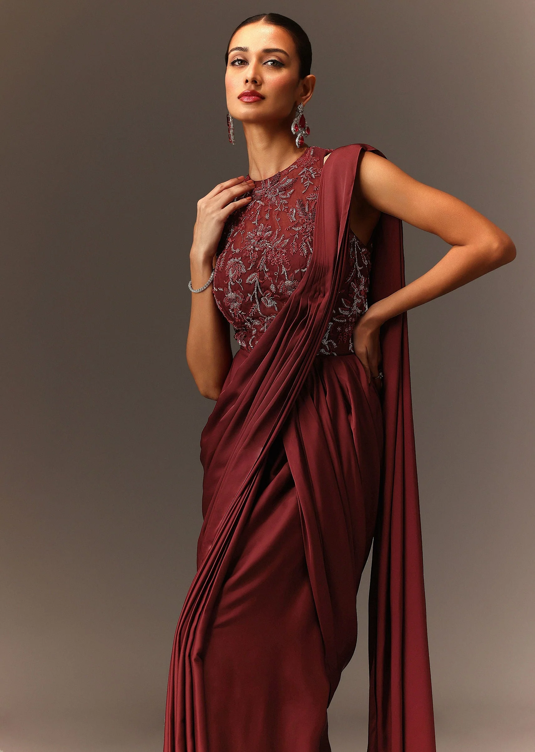 Masala Maroon Net Satin Draped Saree With Hand Embroidered Blouse - Image 5
