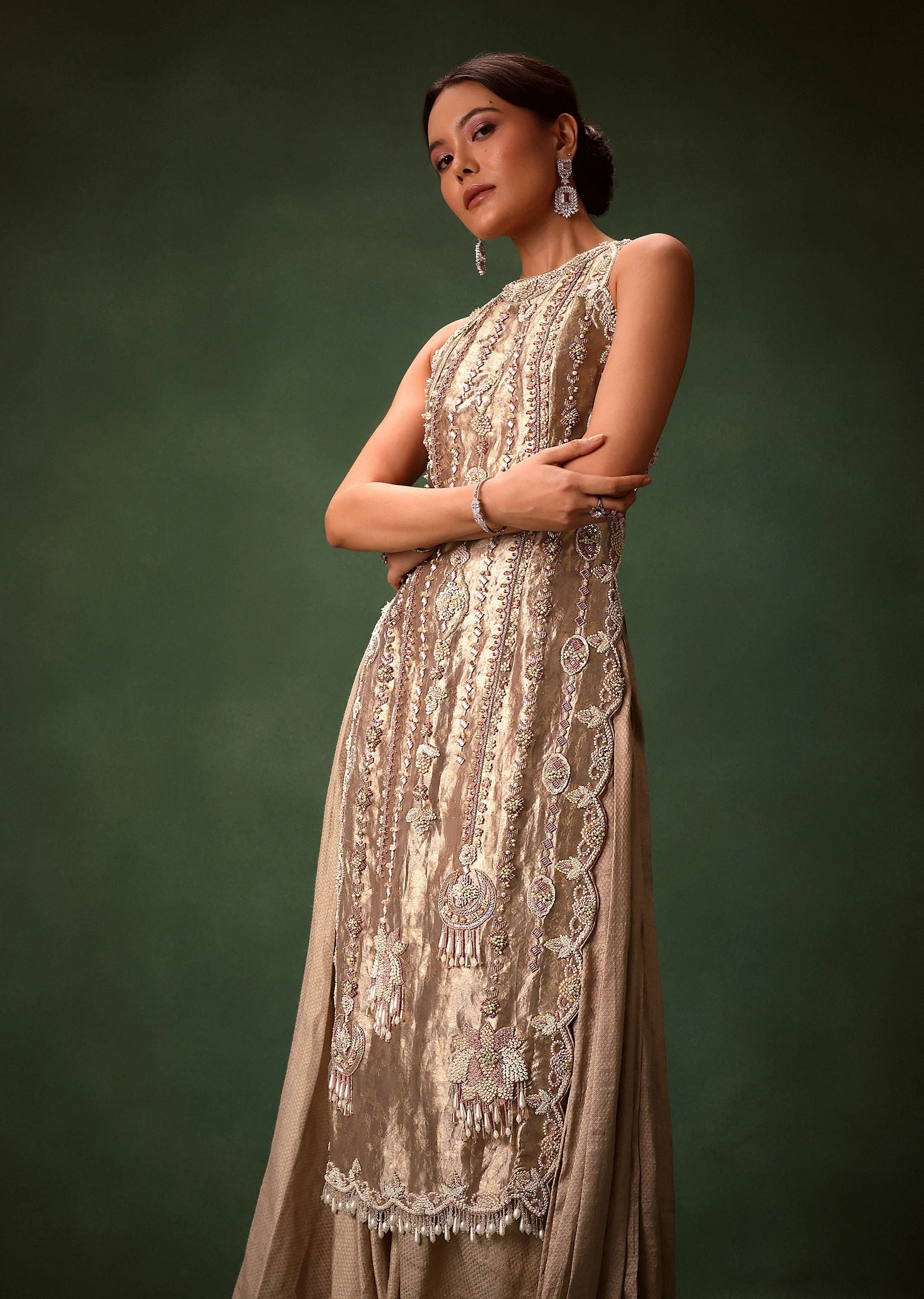 Mauve Dhoti Drape Skirt Brocade Embroidered Kurta With Side Tie Ups - Image 2