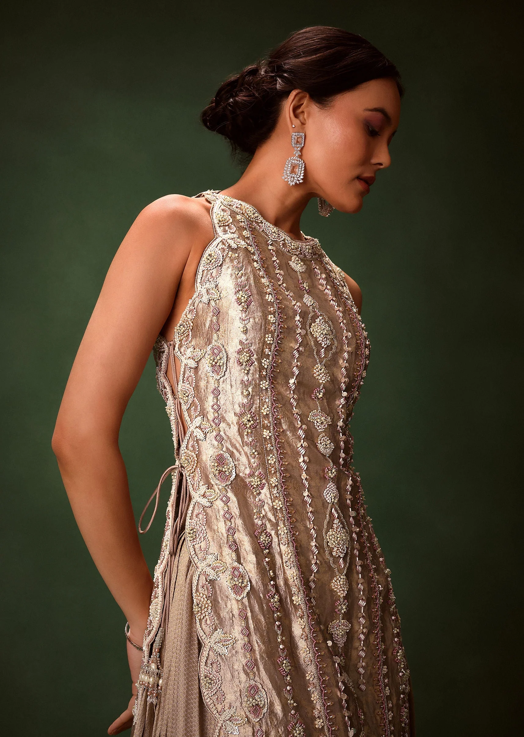 Mauve Dhoti Drape Skirt Brocade Embroidered Kurta With Side Tie Ups - Image 3